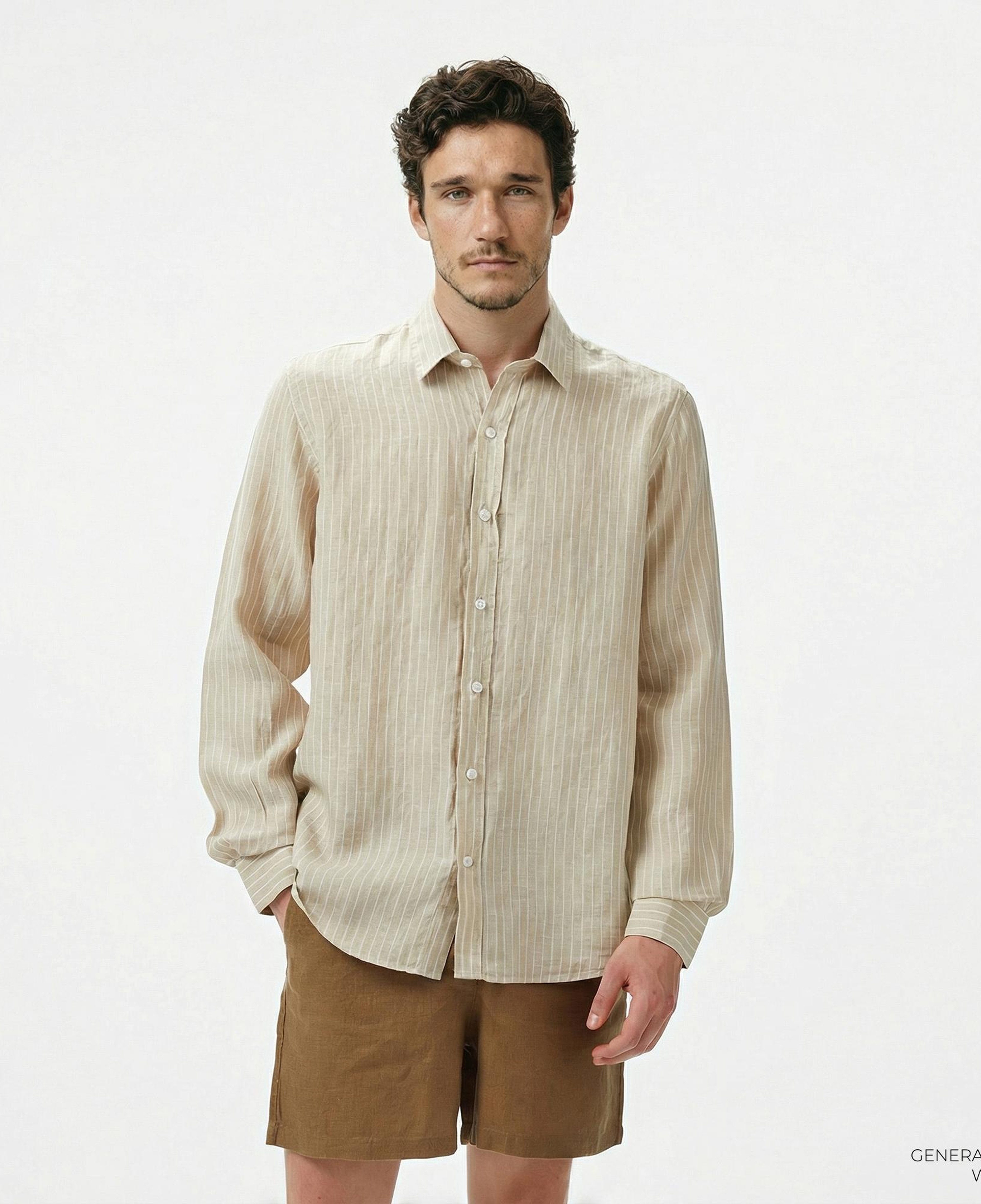 Nautica Erkek Bej Classic Fit Çizgili Keten Gömlek