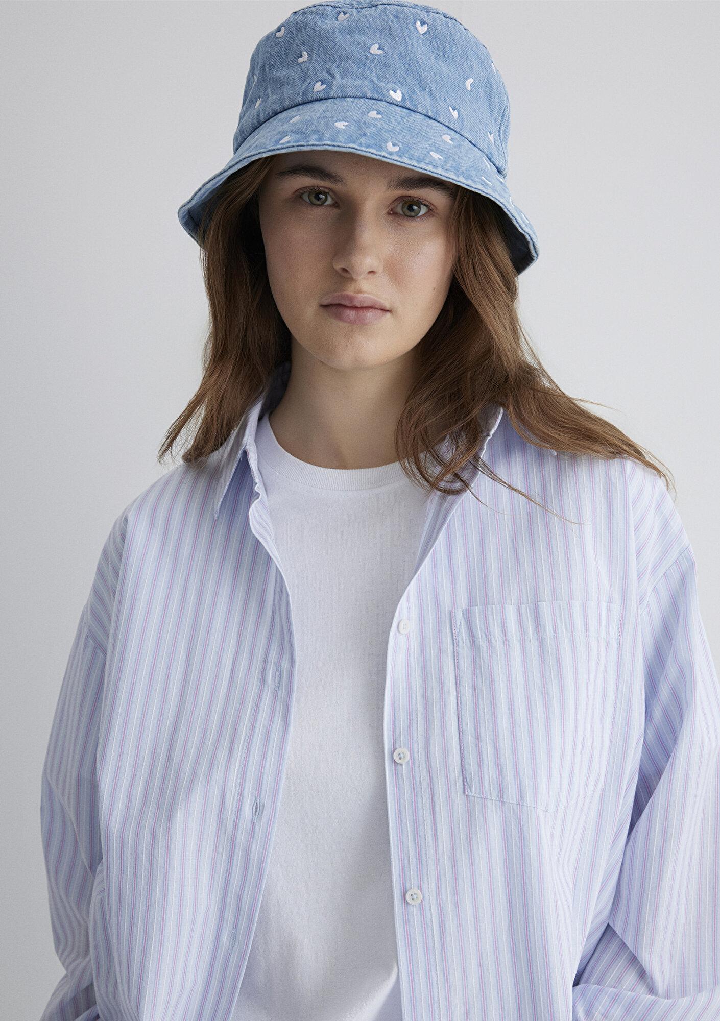 Mavi Kalp Nakışlı Denim Bucket Şapka 1913100-82324