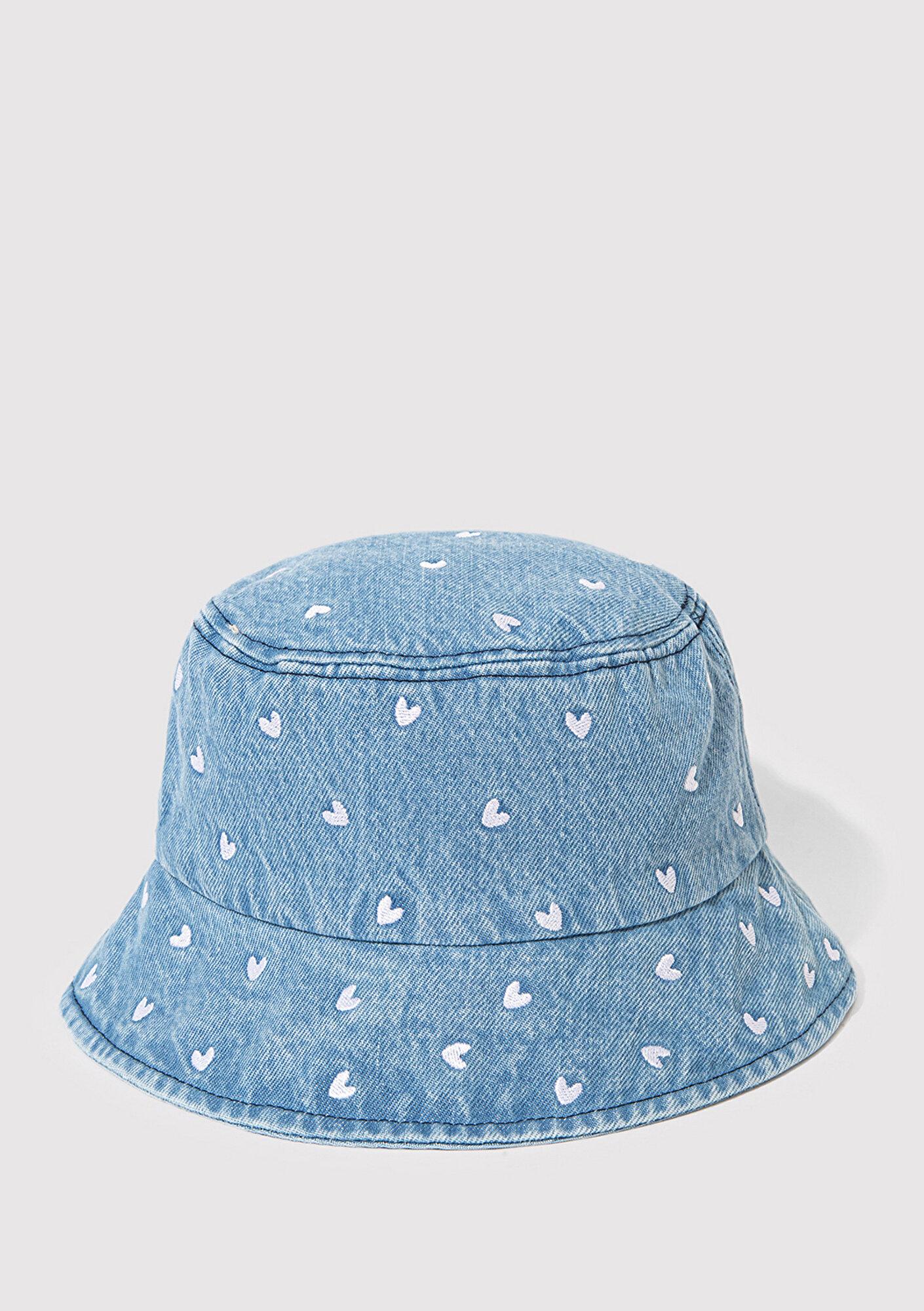 Mavi Kalp Nakışlı Denim Bucket Şapka 1913100-82324