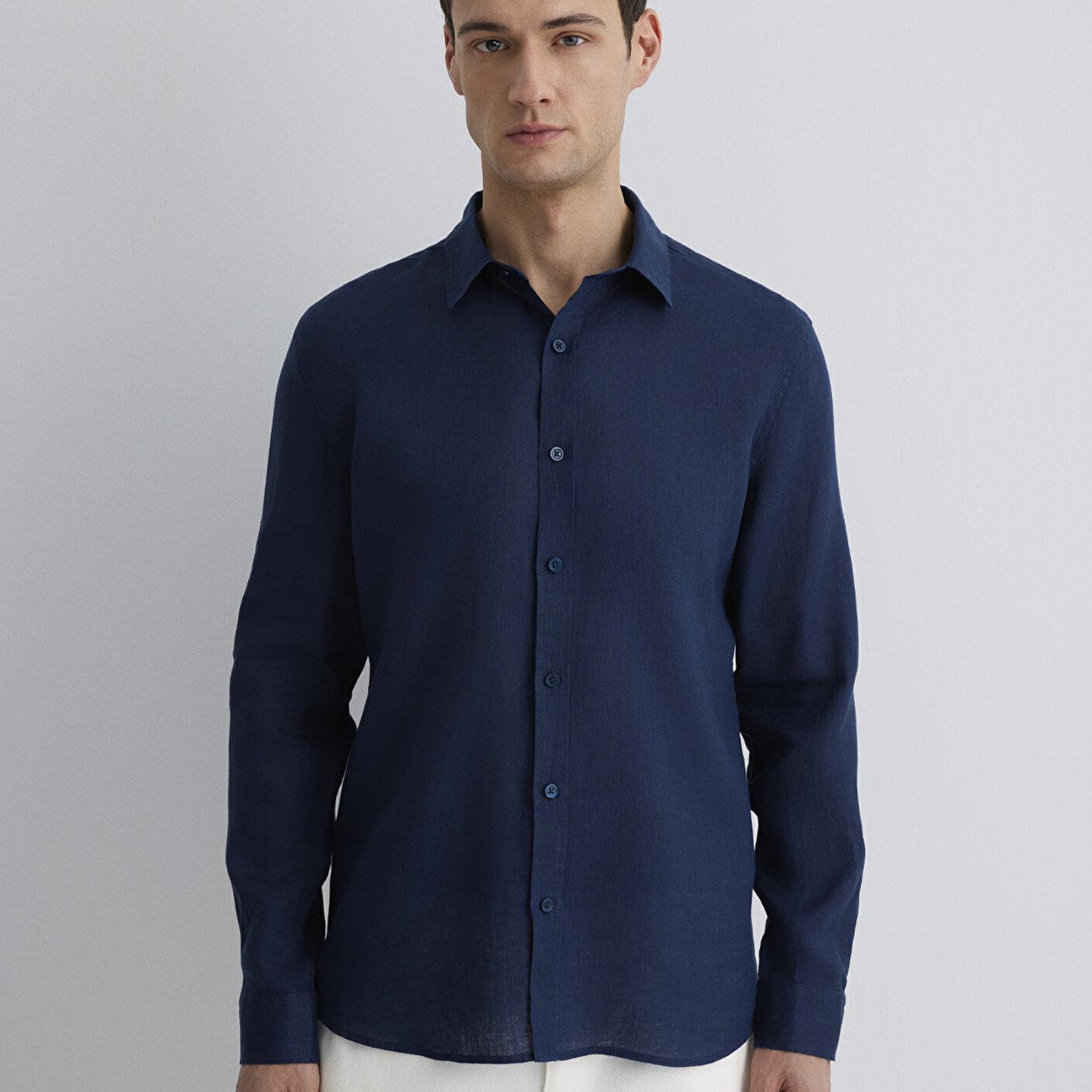 Mavi Lacivert Keten Gömlek Slim Fit / Dar Kesim 0211466-70497