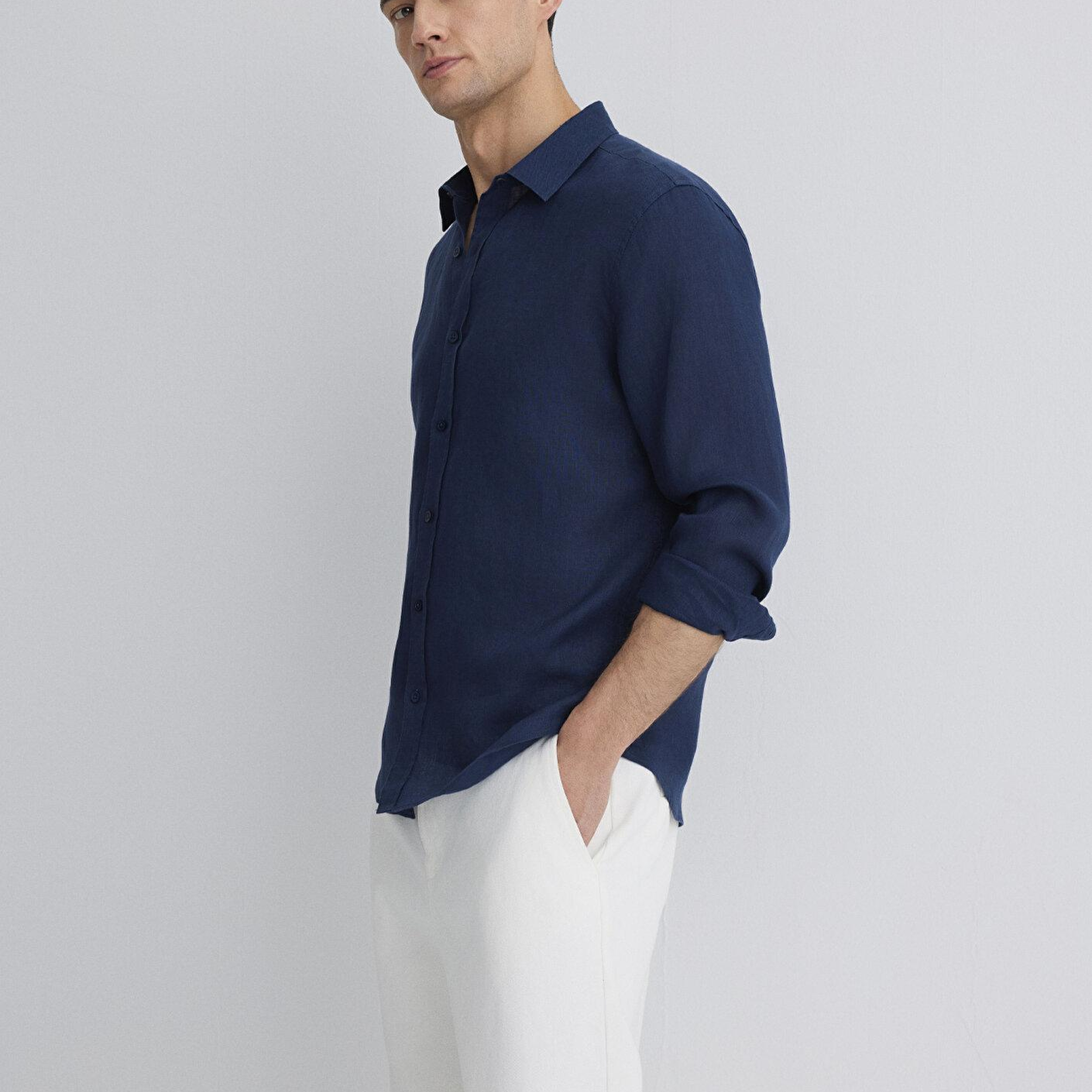 Mavi Lacivert Keten Gömlek Slim Fit / Dar Kesim 0211466-70497