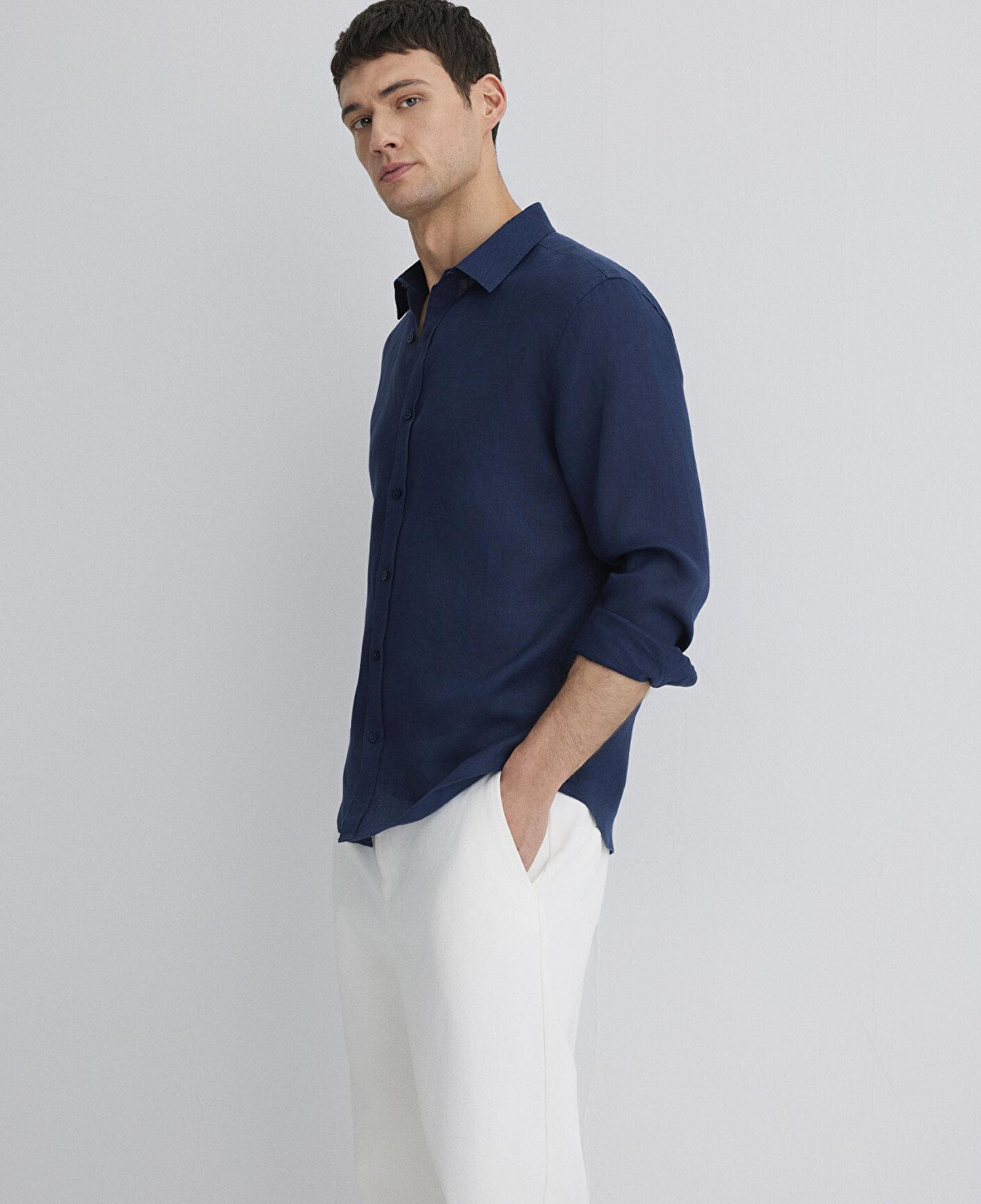 Mavi Lacivert Keten Gömlek Slim Fit / Dar Kesim 0211466-70497