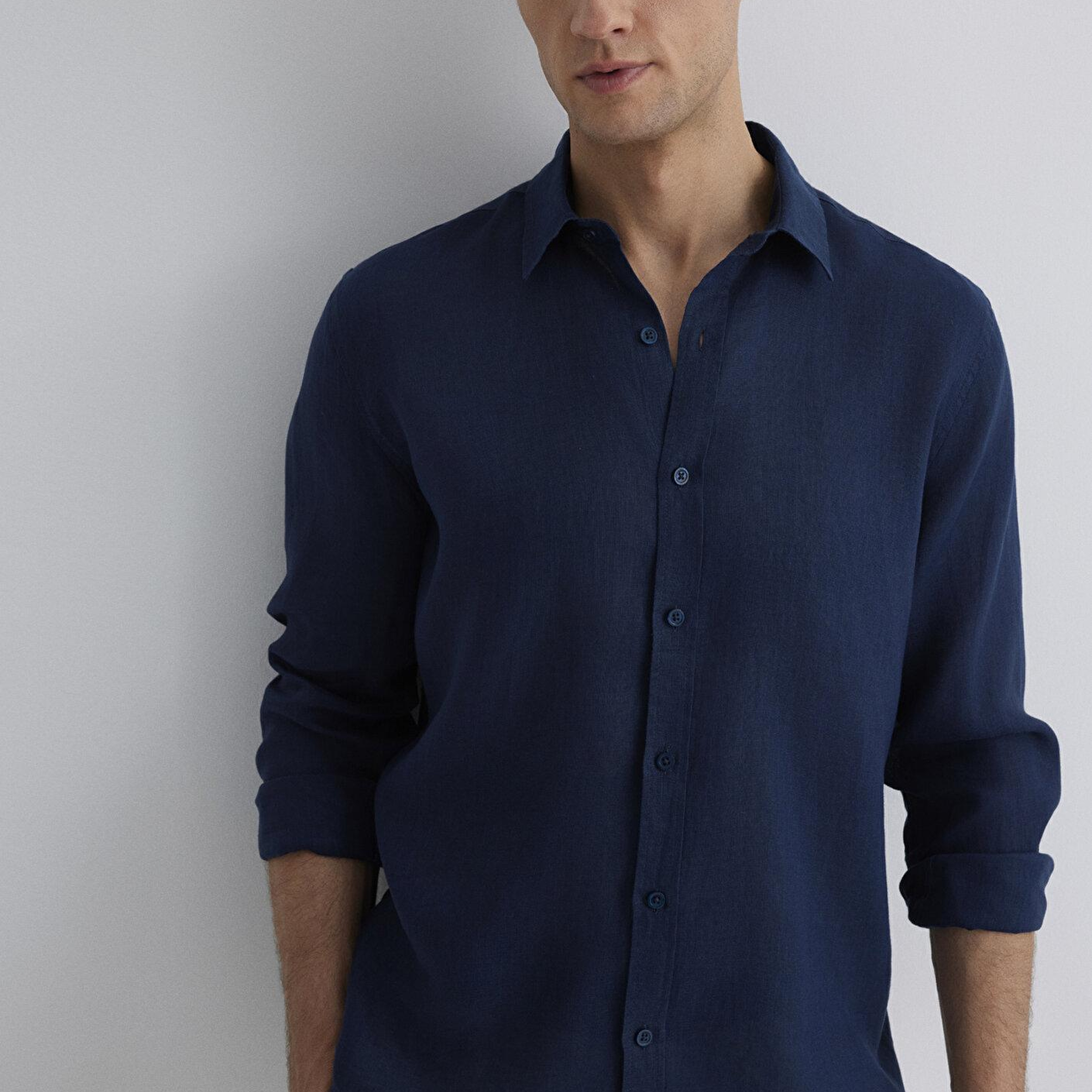 Mavi Lacivert Keten Gömlek Slim Fit / Dar Kesim 0211466-70497