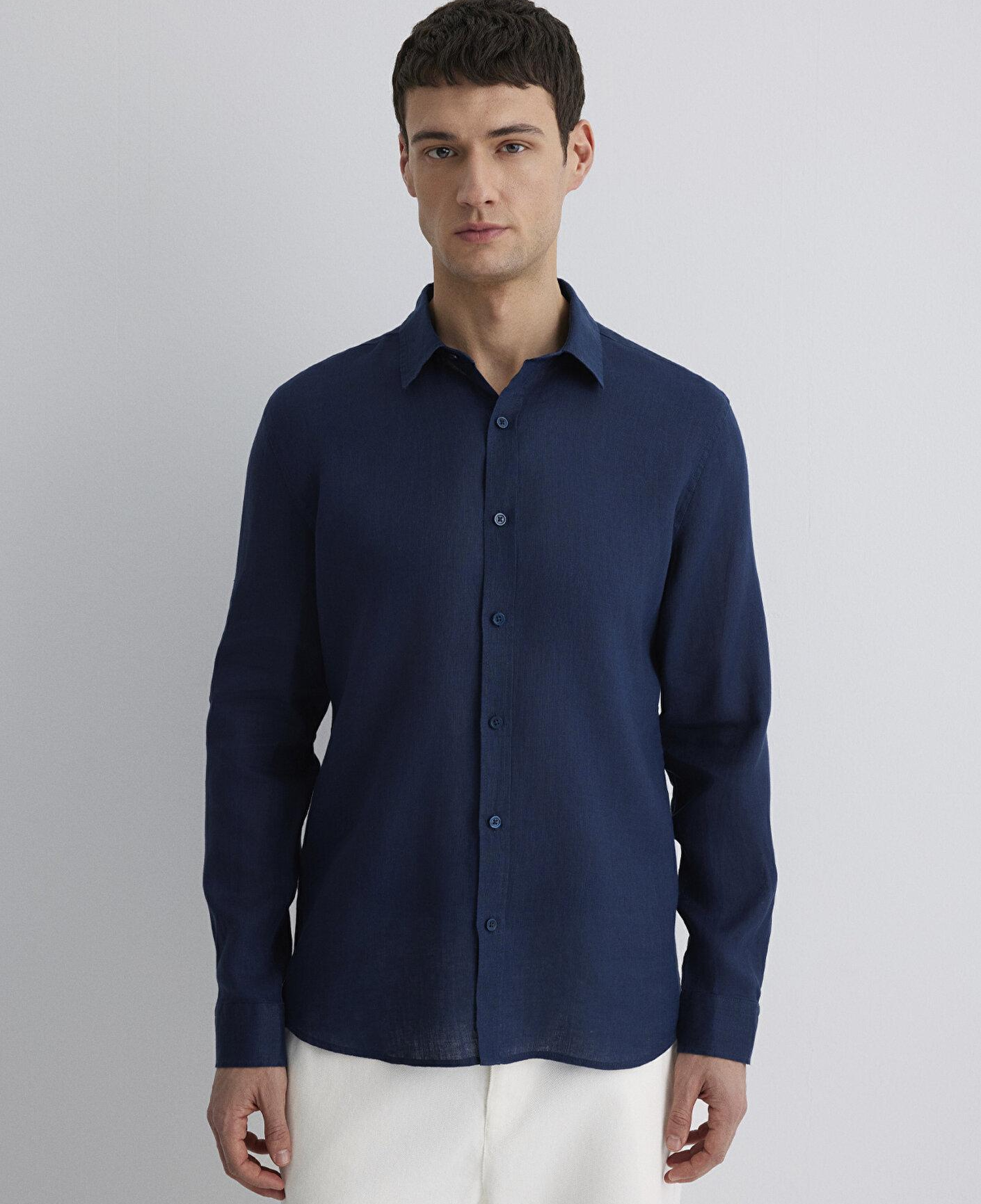 Mavi Lacivert Keten Gömlek Slim Fit / Dar Kesim 0211466-70497