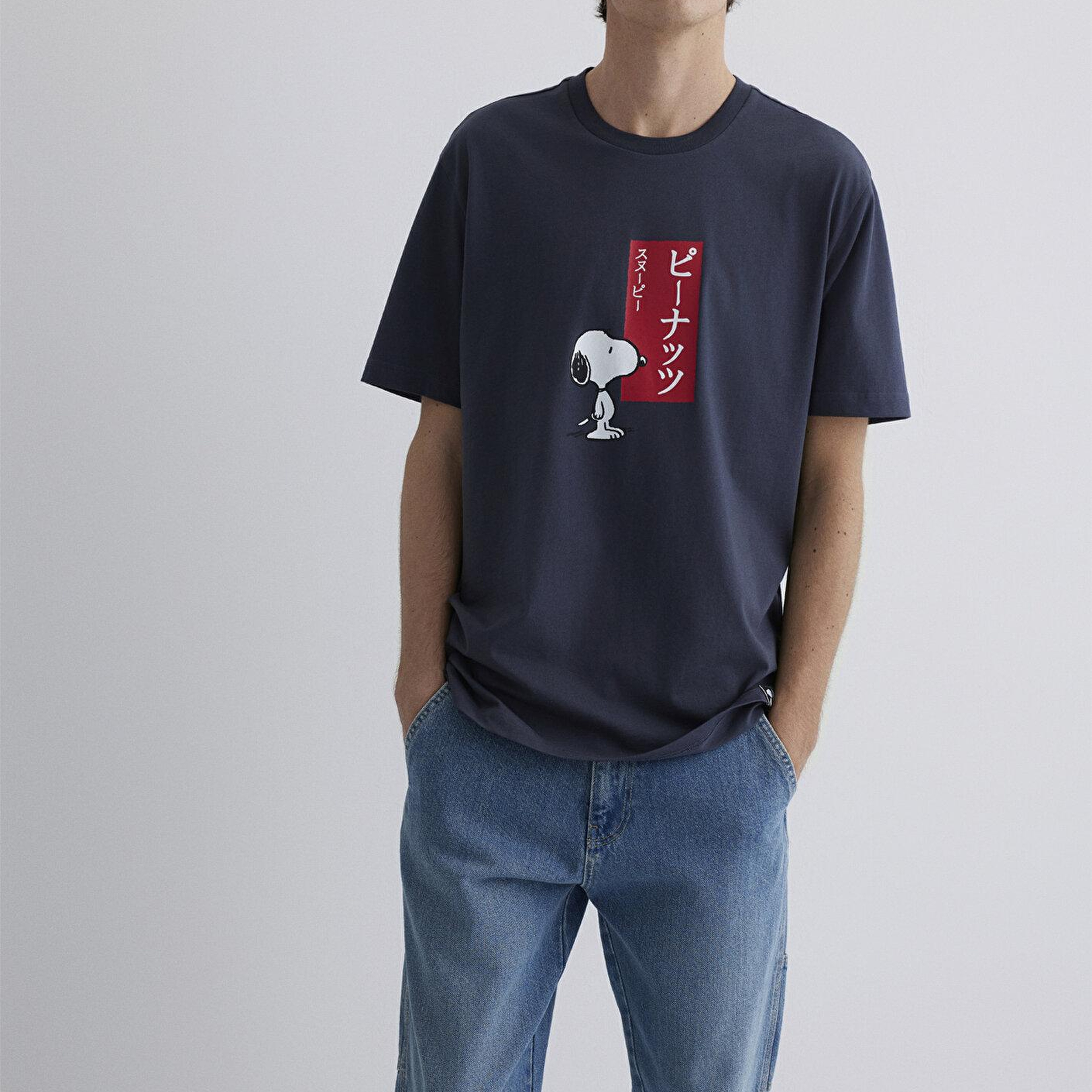 Mavi Peanuts Baskılı Antrasit Tişört Loose Fit / Bol Rahat Kesim 0612660-70726
