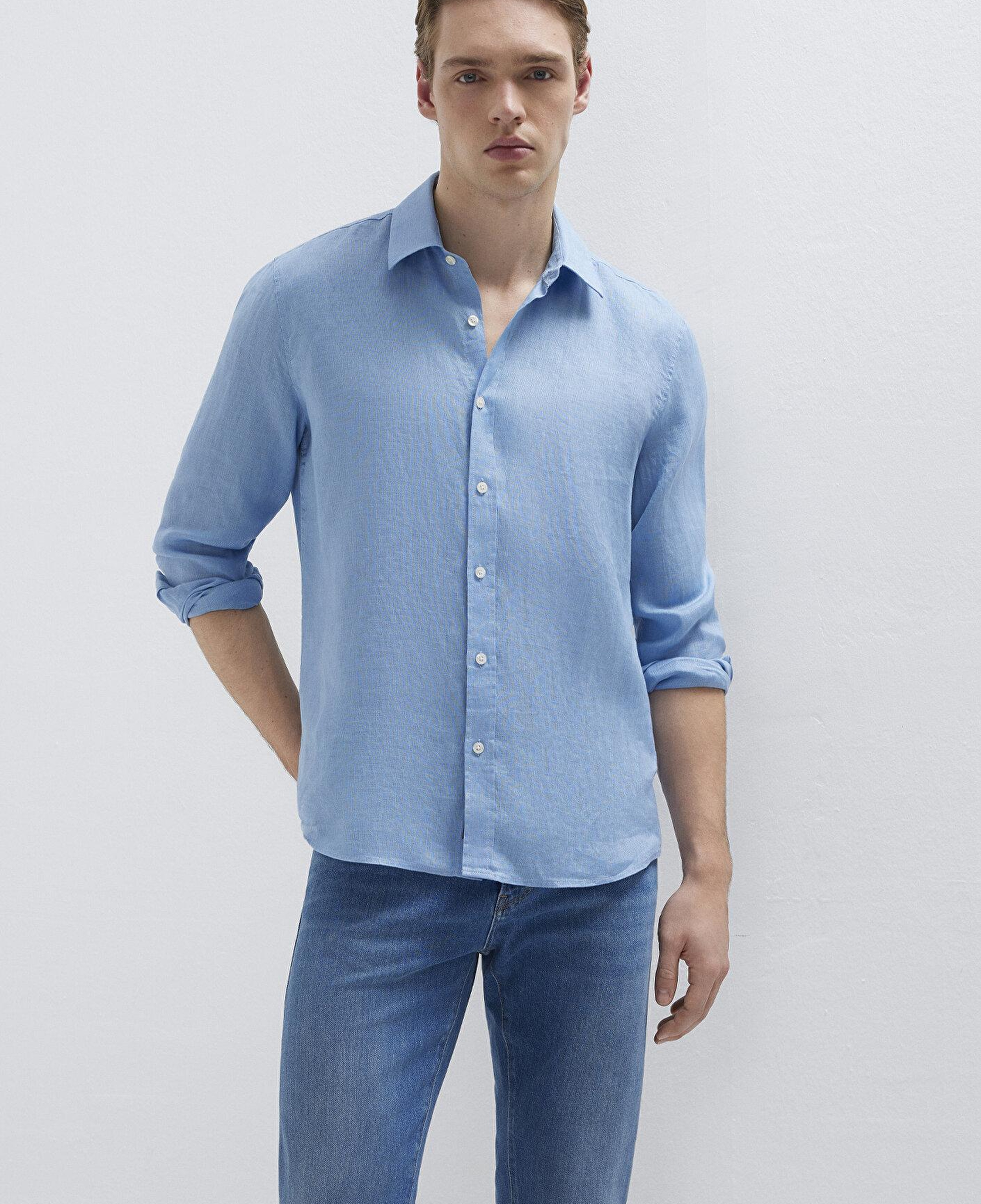 Mavi Keten Karışımlı Mavi Gömlek Slim Fit / Dar Kesim 0211466-70834