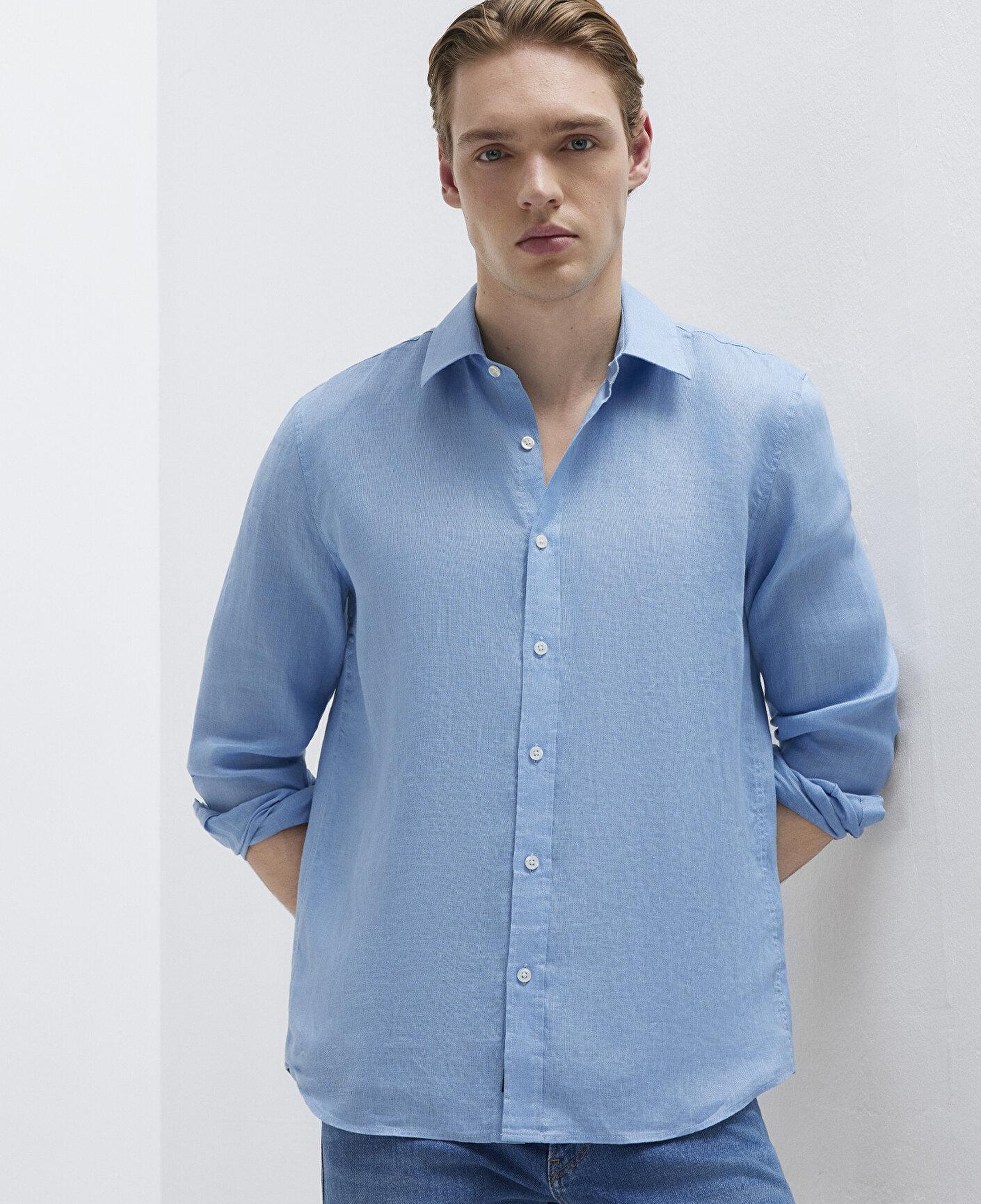 Mavi Keten Karışımlı Mavi Gömlek Slim Fit / Dar Kesim 0211466-70834