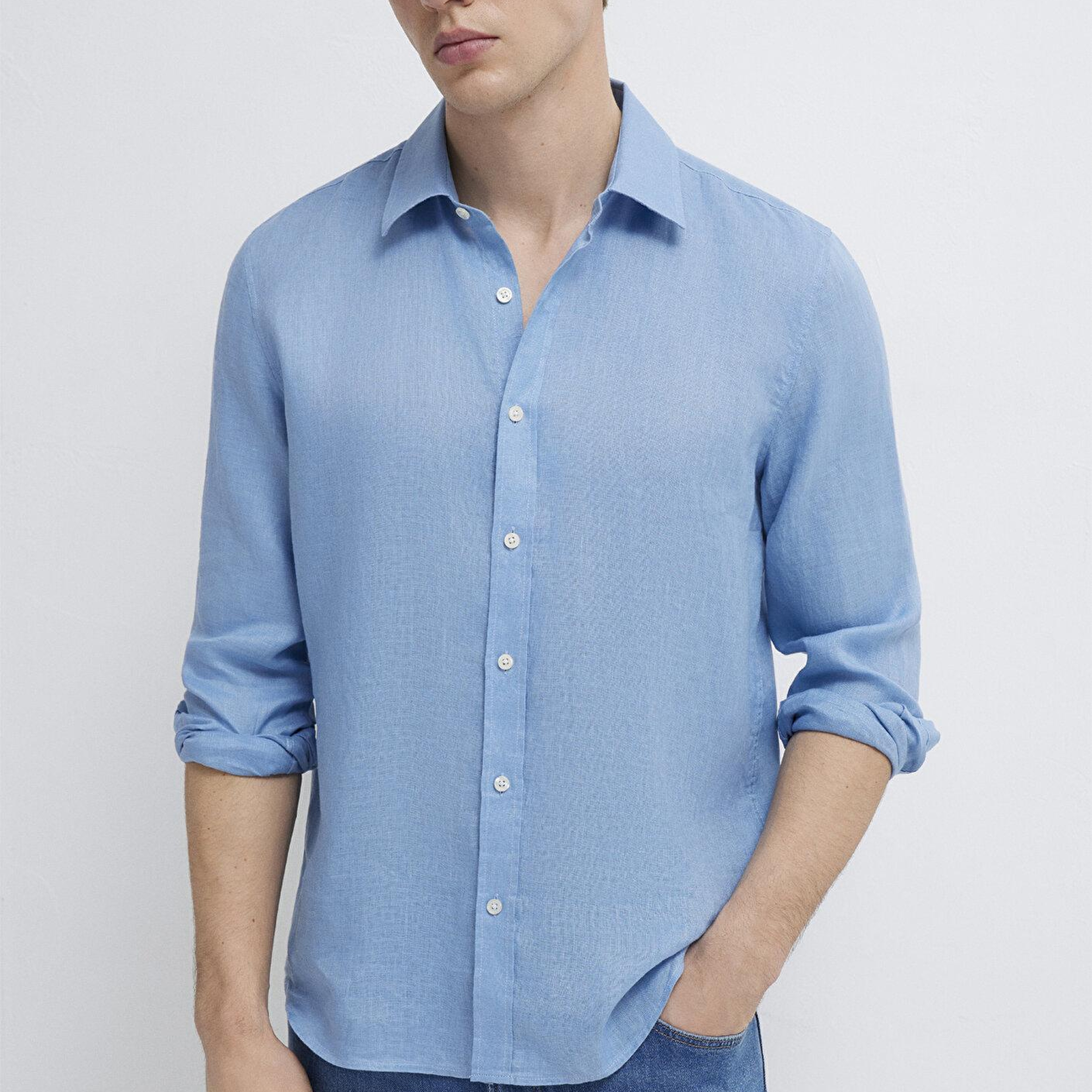 Mavi Keten Karışımlı Mavi Gömlek Slim Fit / Dar Kesim 0211466-70834