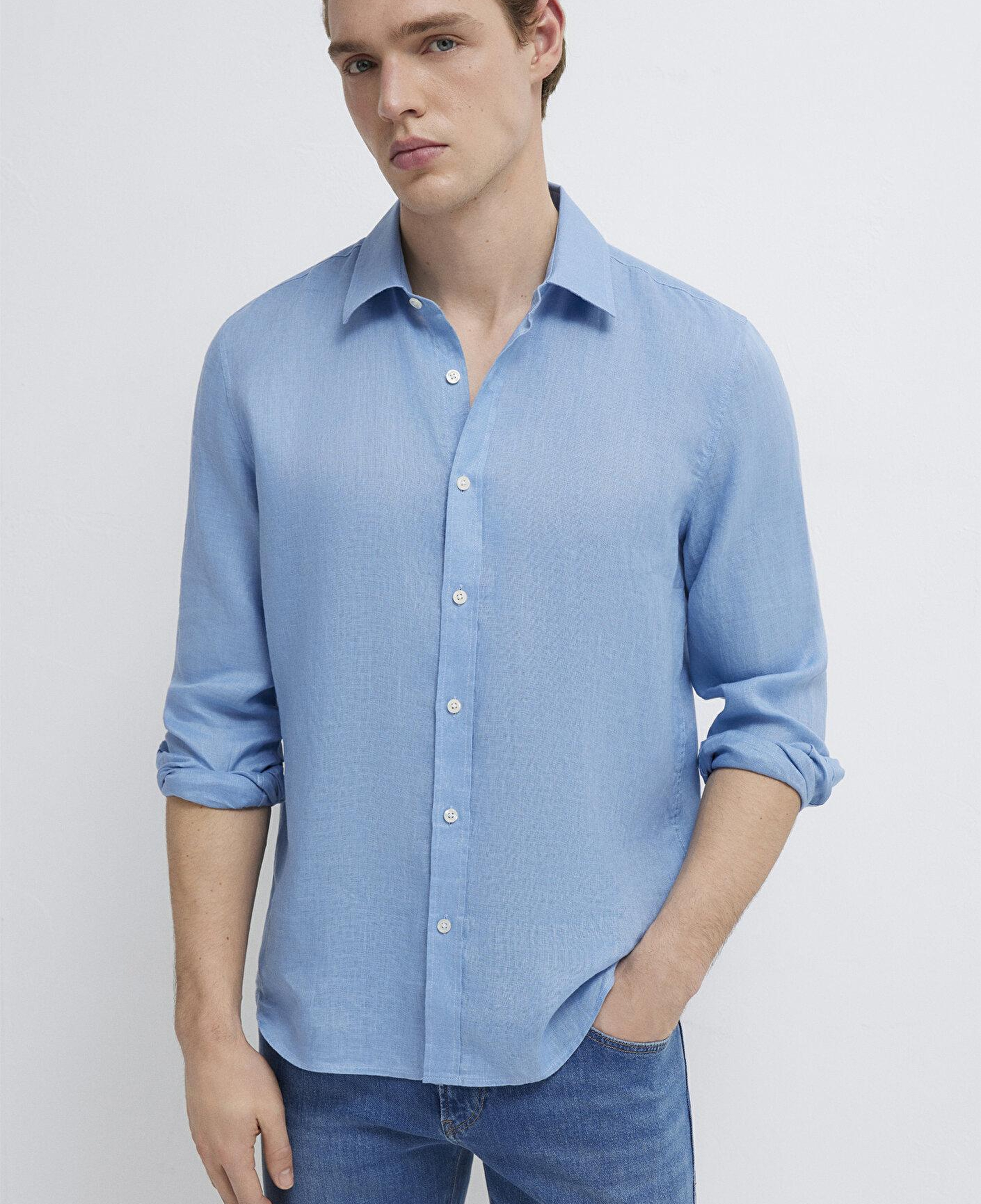 Mavi Keten Karışımlı Mavi Gömlek Slim Fit / Dar Kesim 0211466-70834