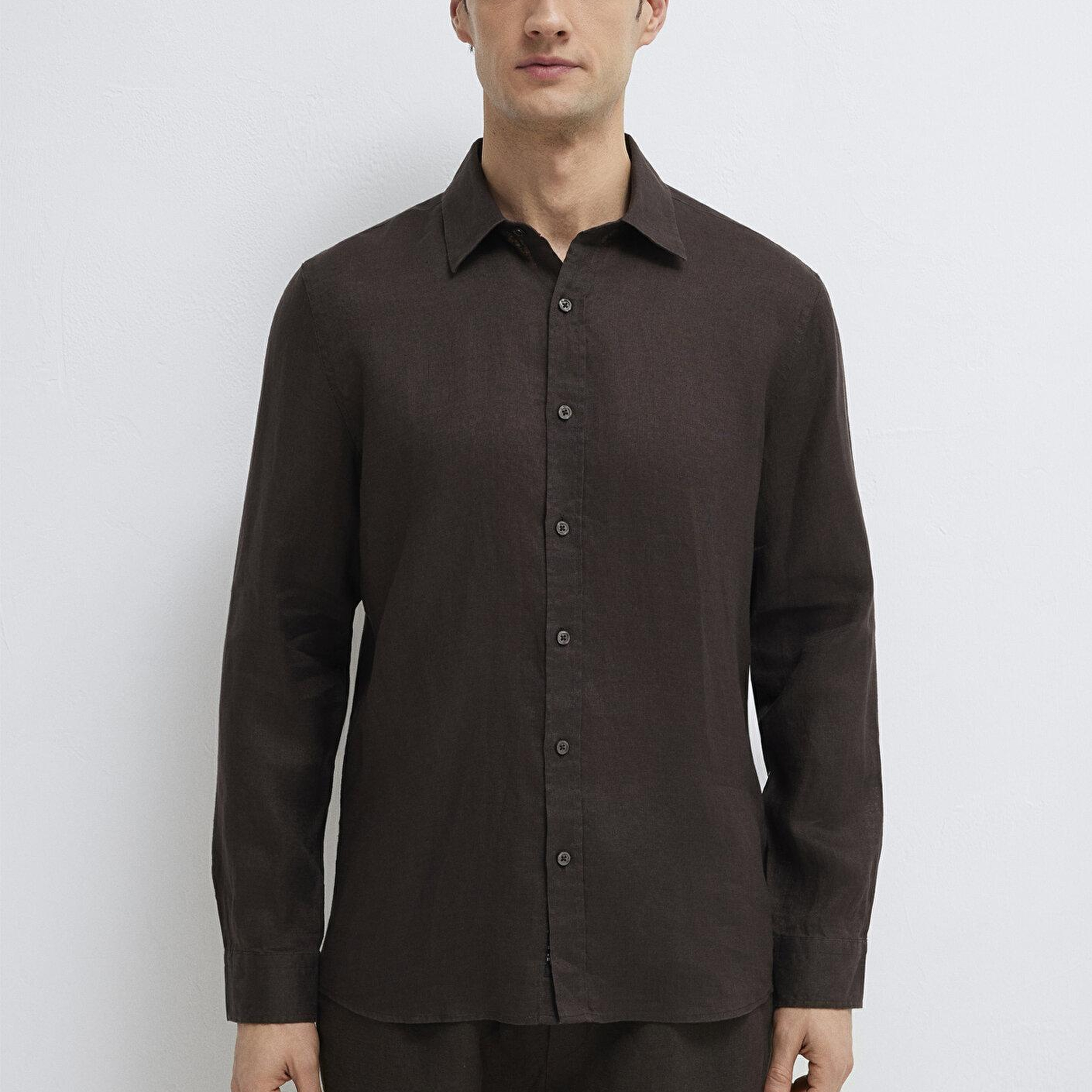 Mavi Kahverengi Keten Karışımlı Gömlek Slim Fit / Dar Kesim 0211466-70219