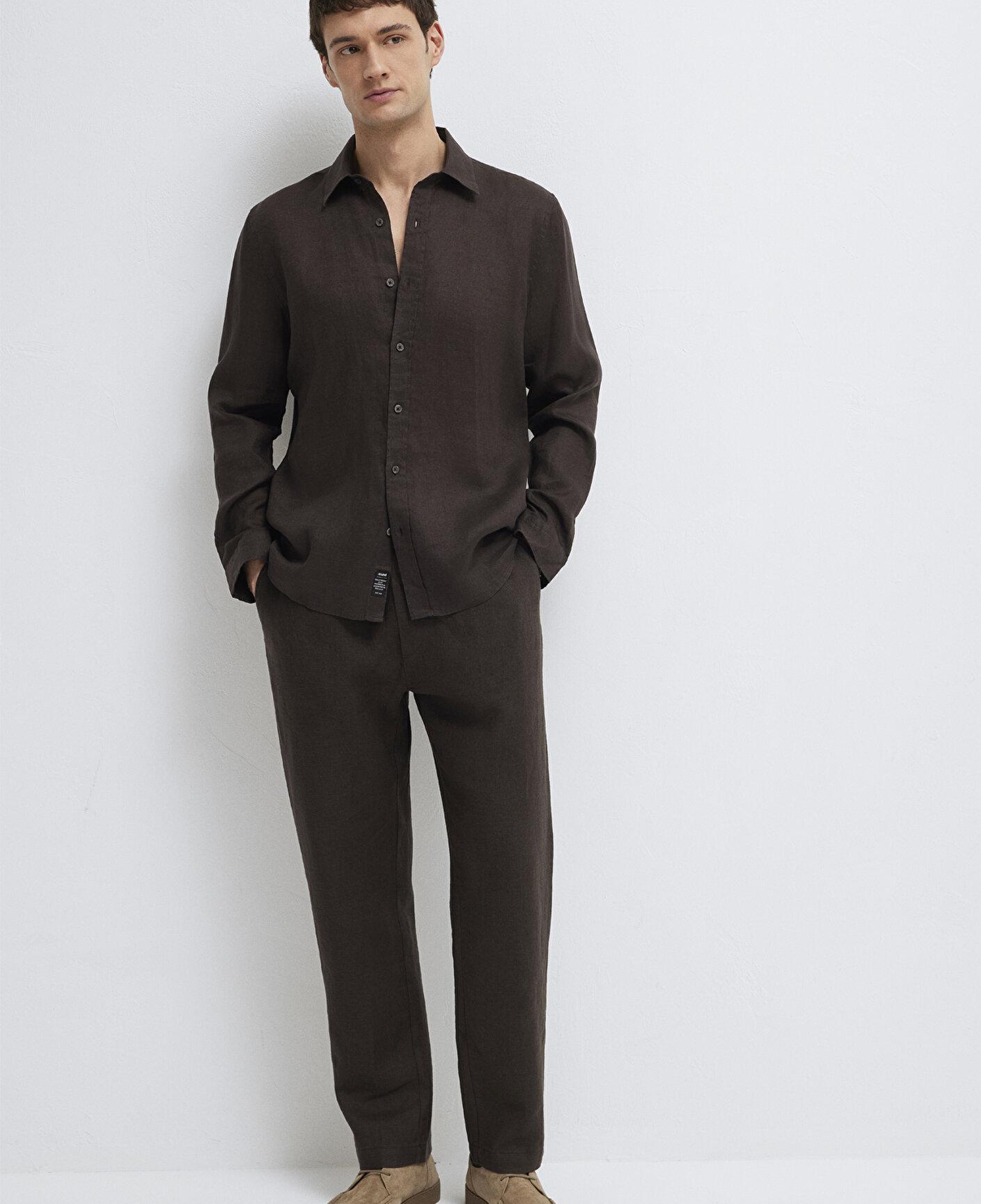 Mavi Kahverengi Keten Karışımlı Gömlek Slim Fit / Dar Kesim 0211466-70219