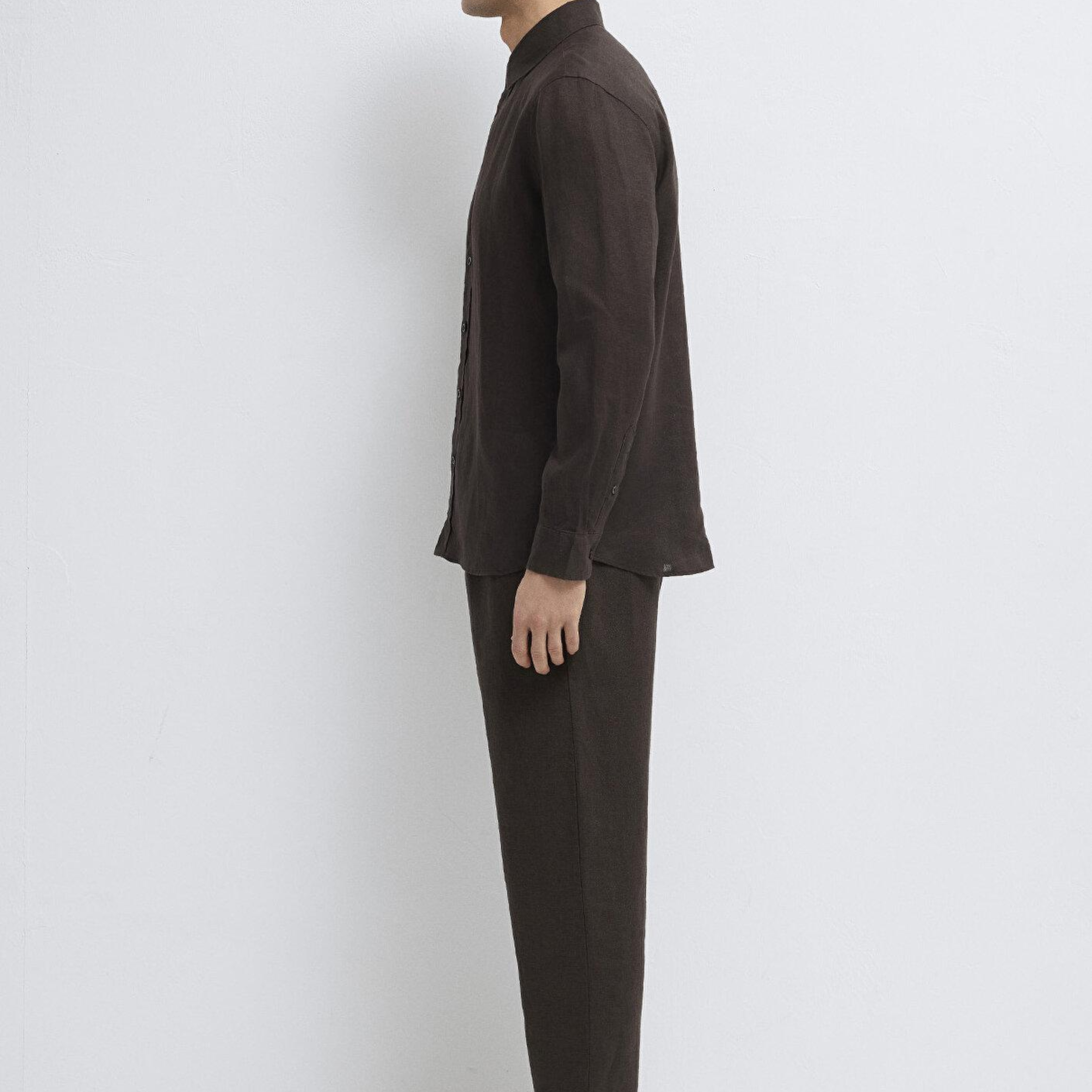 Mavi Kahverengi Keten Karışımlı Gömlek Slim Fit / Dar Kesim 0211466-70219