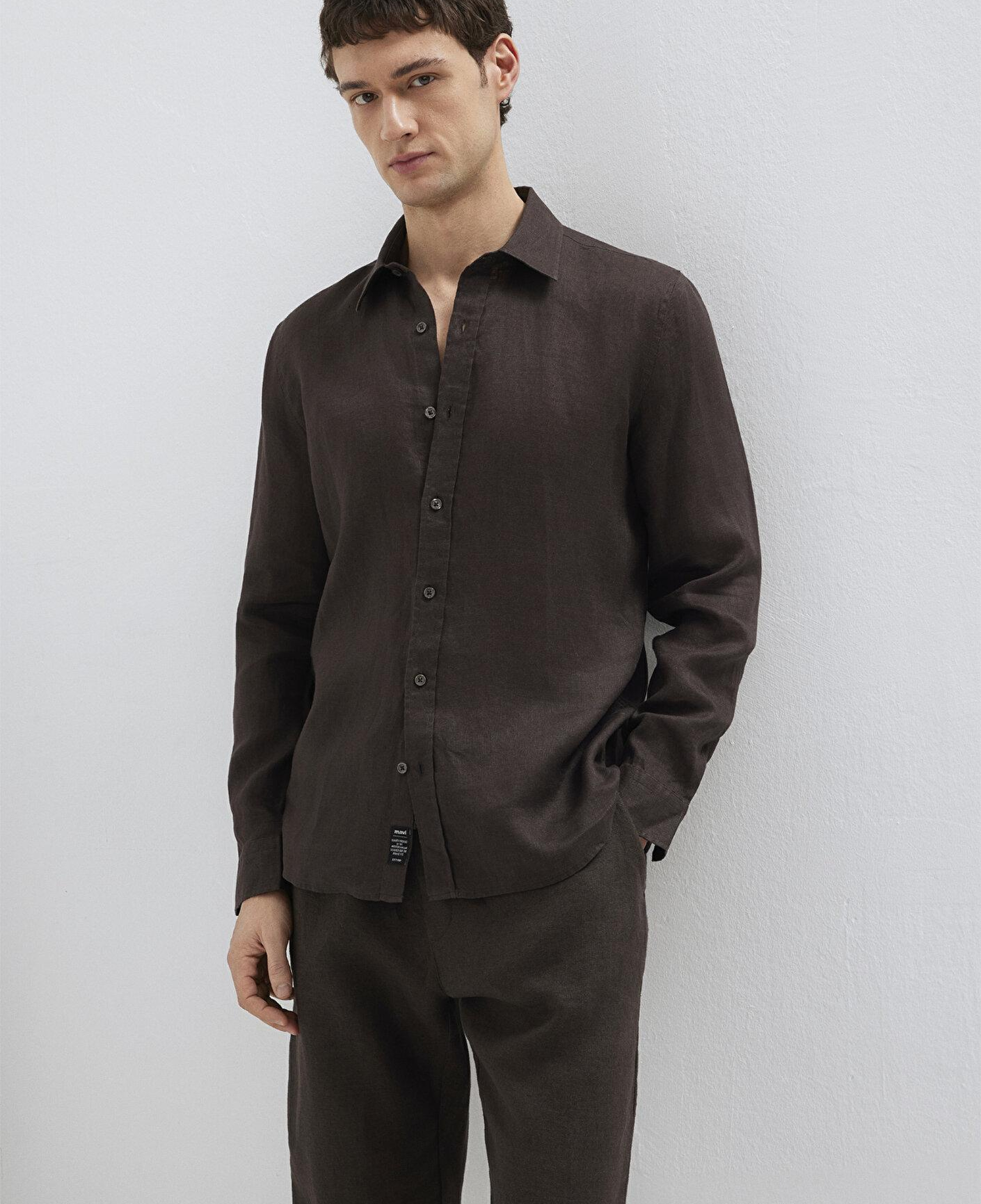 Mavi Kahverengi Keten Karışımlı Gömlek Slim Fit / Dar Kesim 0211466-70219