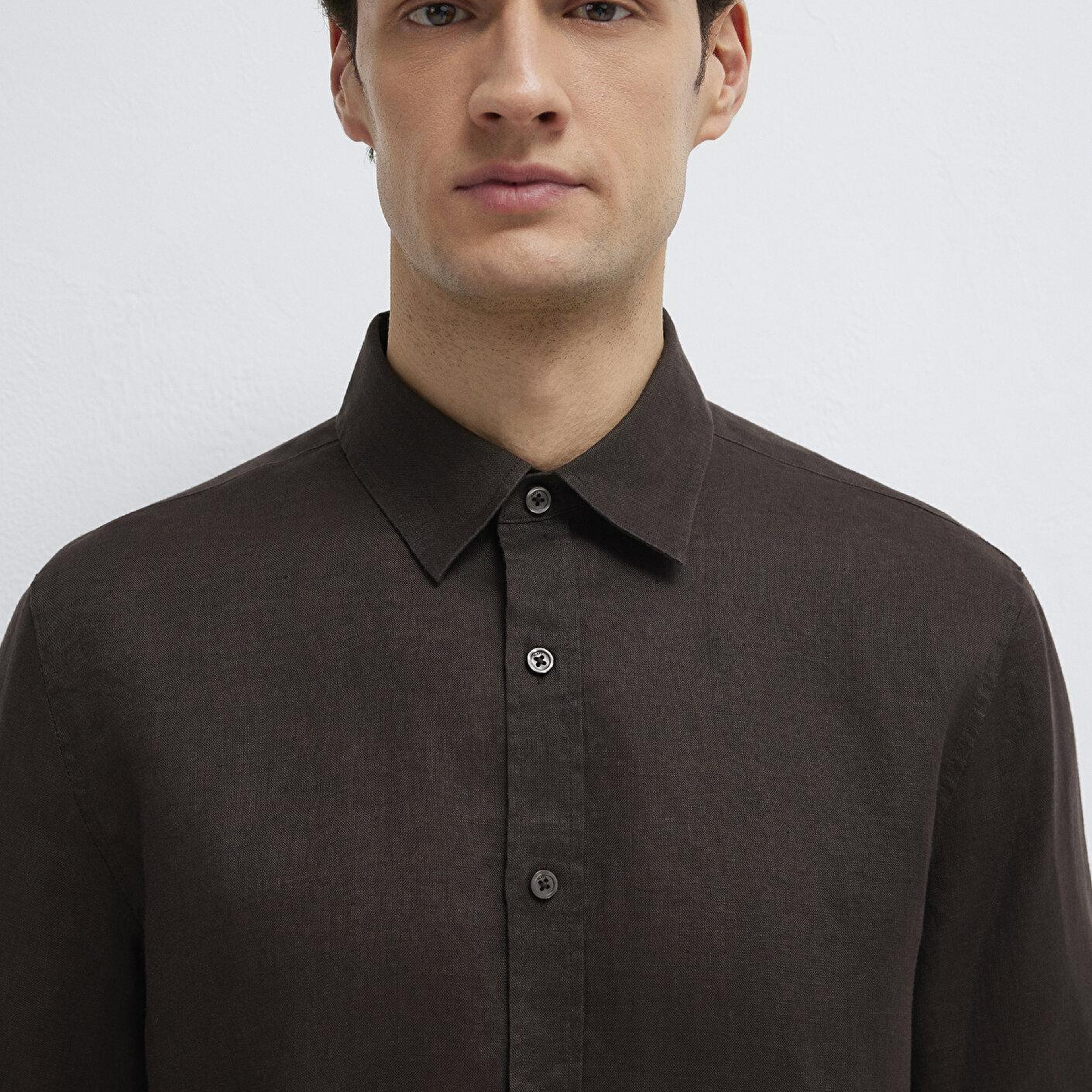 Mavi Kahverengi Keten Karışımlı Gömlek Slim Fit / Dar Kesim 0211466-70219