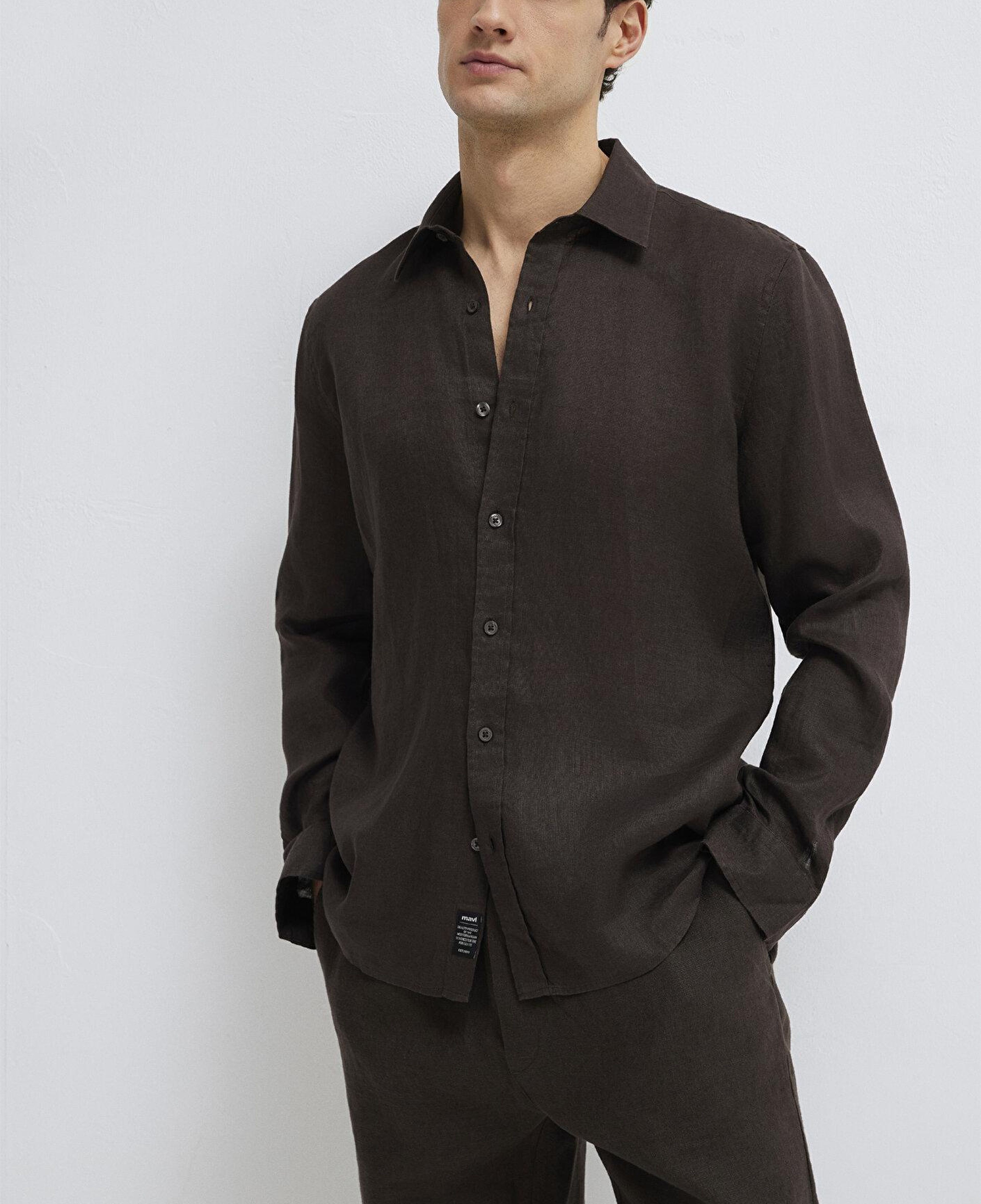 Mavi Kahverengi Keten Karışımlı Gömlek Slim Fit / Dar Kesim 0211466-70219