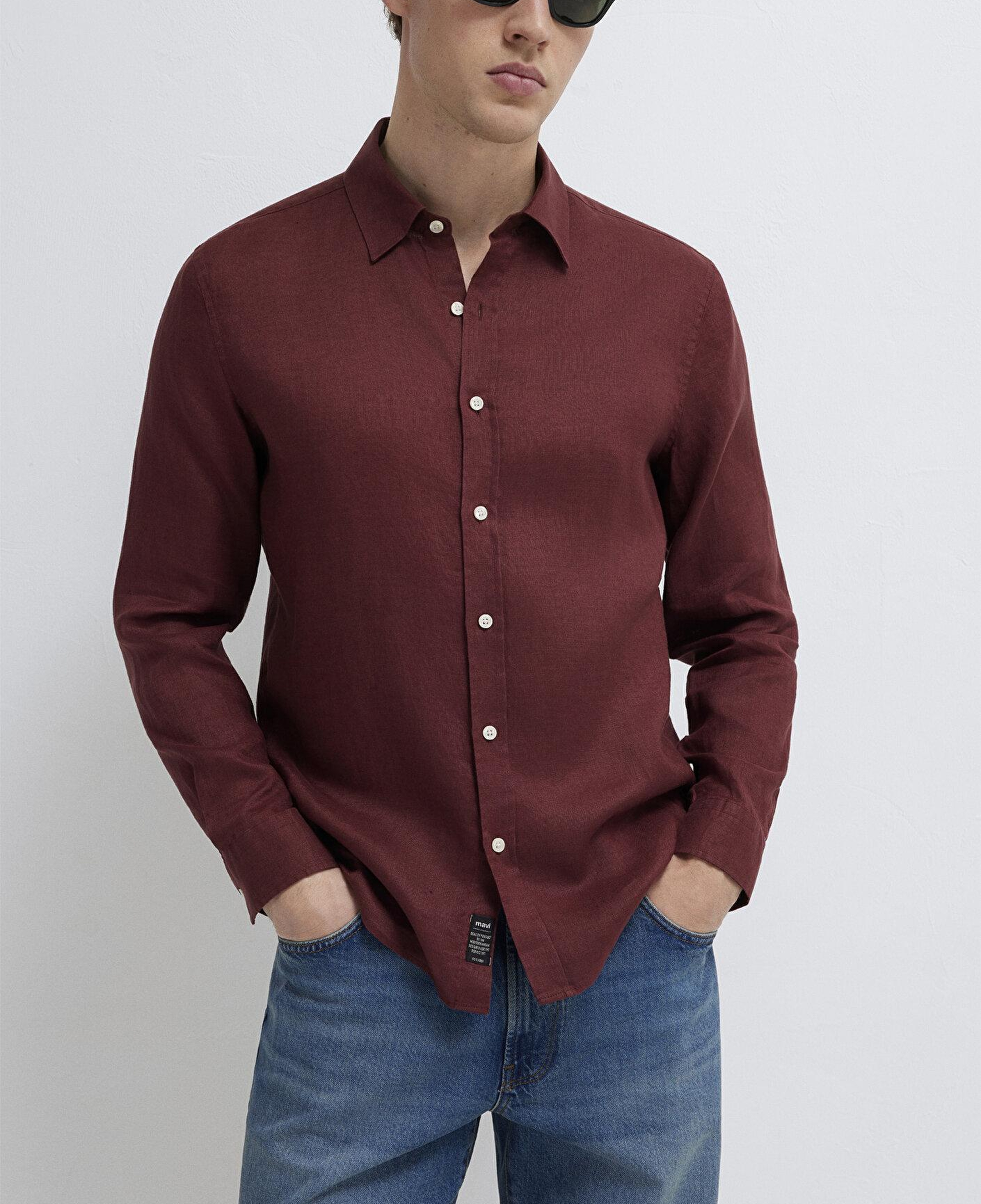 Mavi Bordo Keten Gömlek Slim Fit / Dar Kesim 0211466-70396