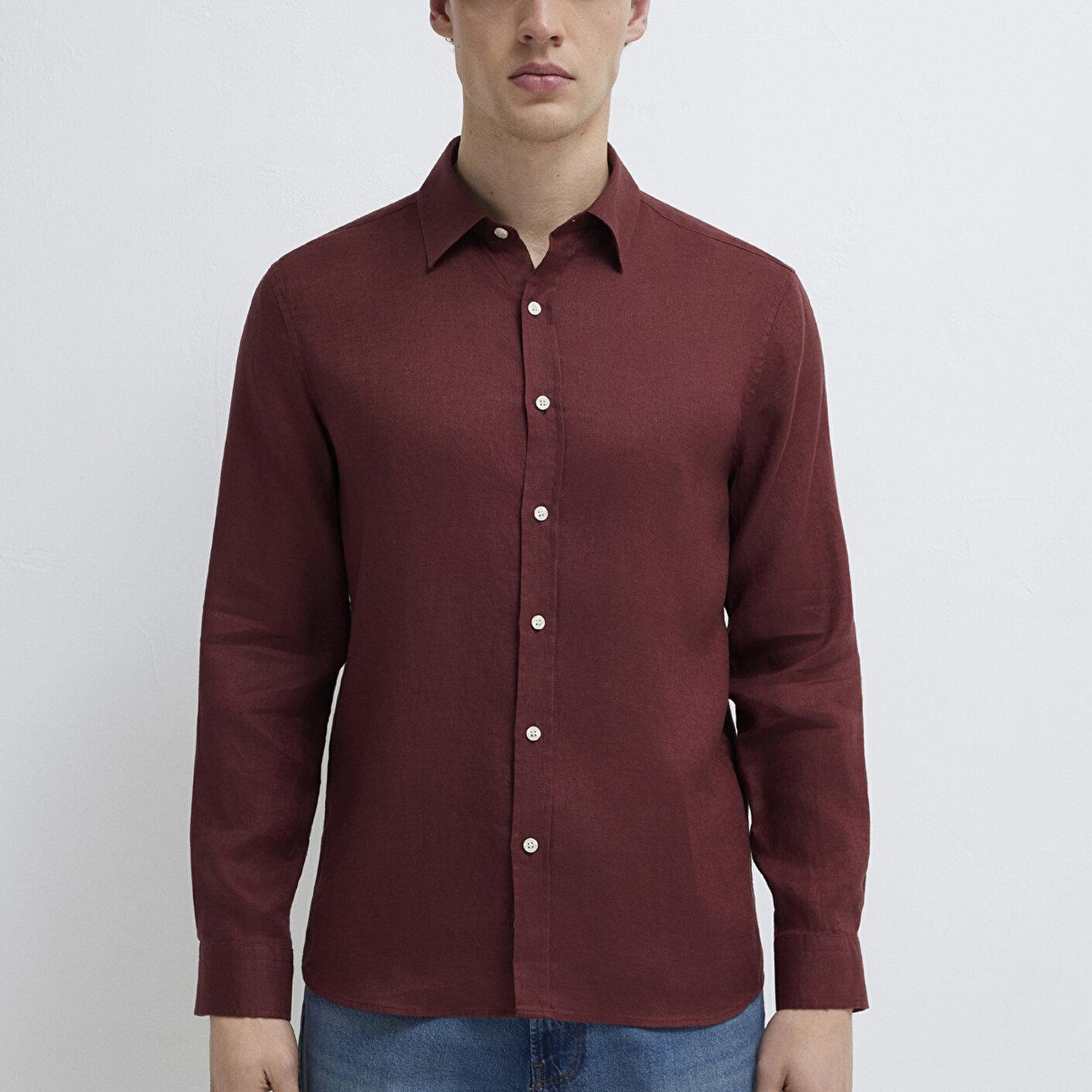 Mavi Bordo Keten Gömlek Slim Fit / Dar Kesim 0211466-70396