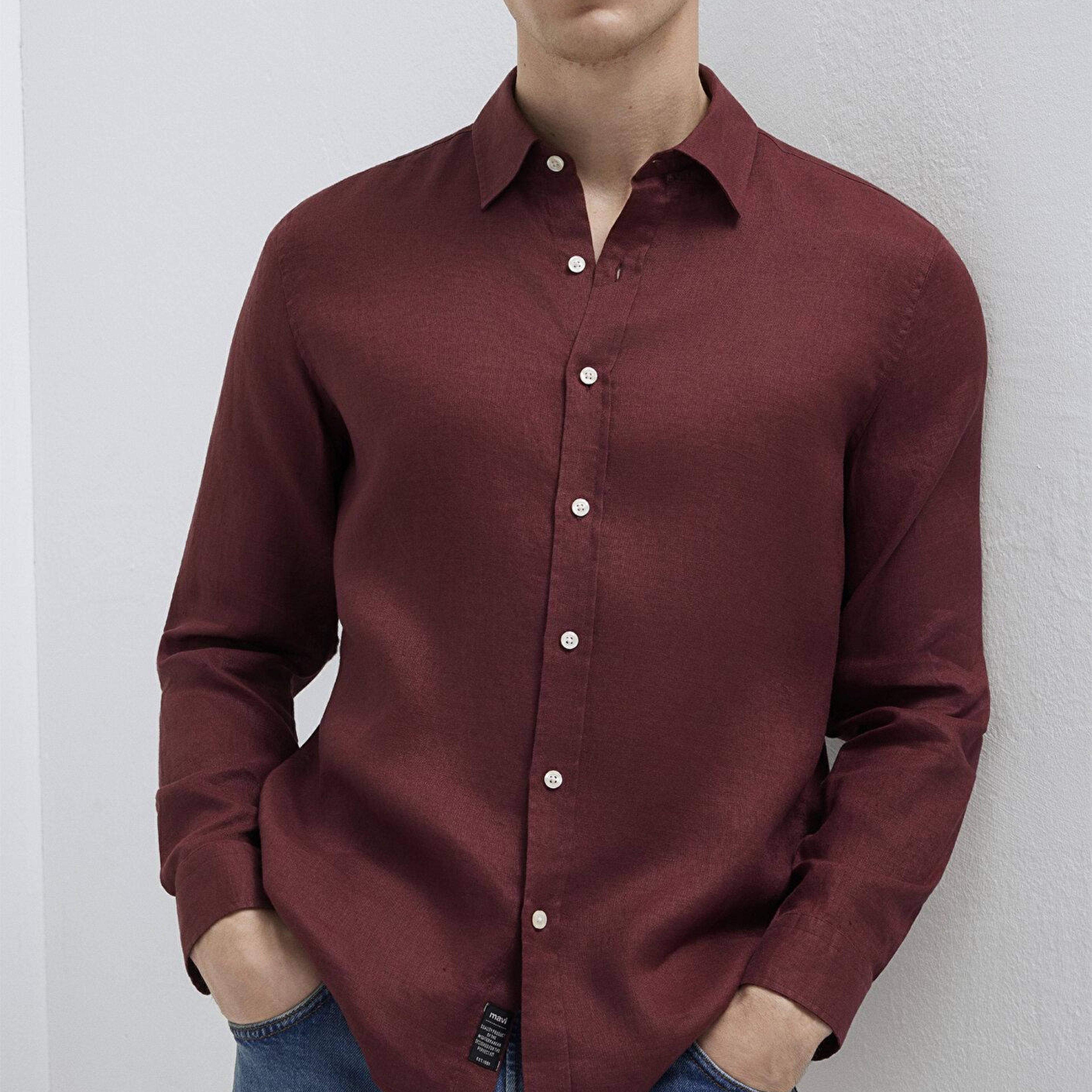 Mavi Bordo Keten Gömlek Slim Fit / Dar Kesim 0211466-70396