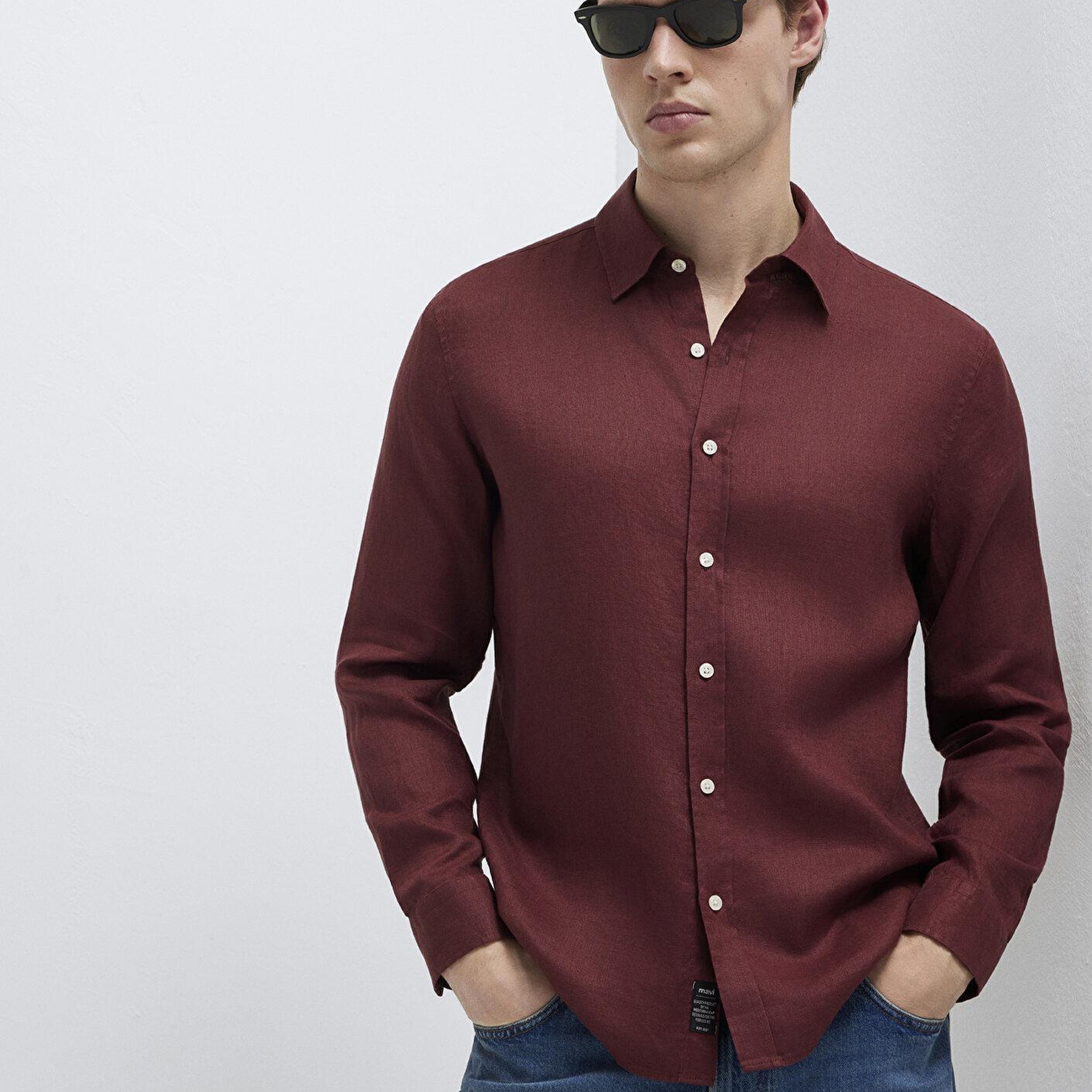 Mavi Bordo Keten Gömlek Slim Fit / Dar Kesim 0211466-70396