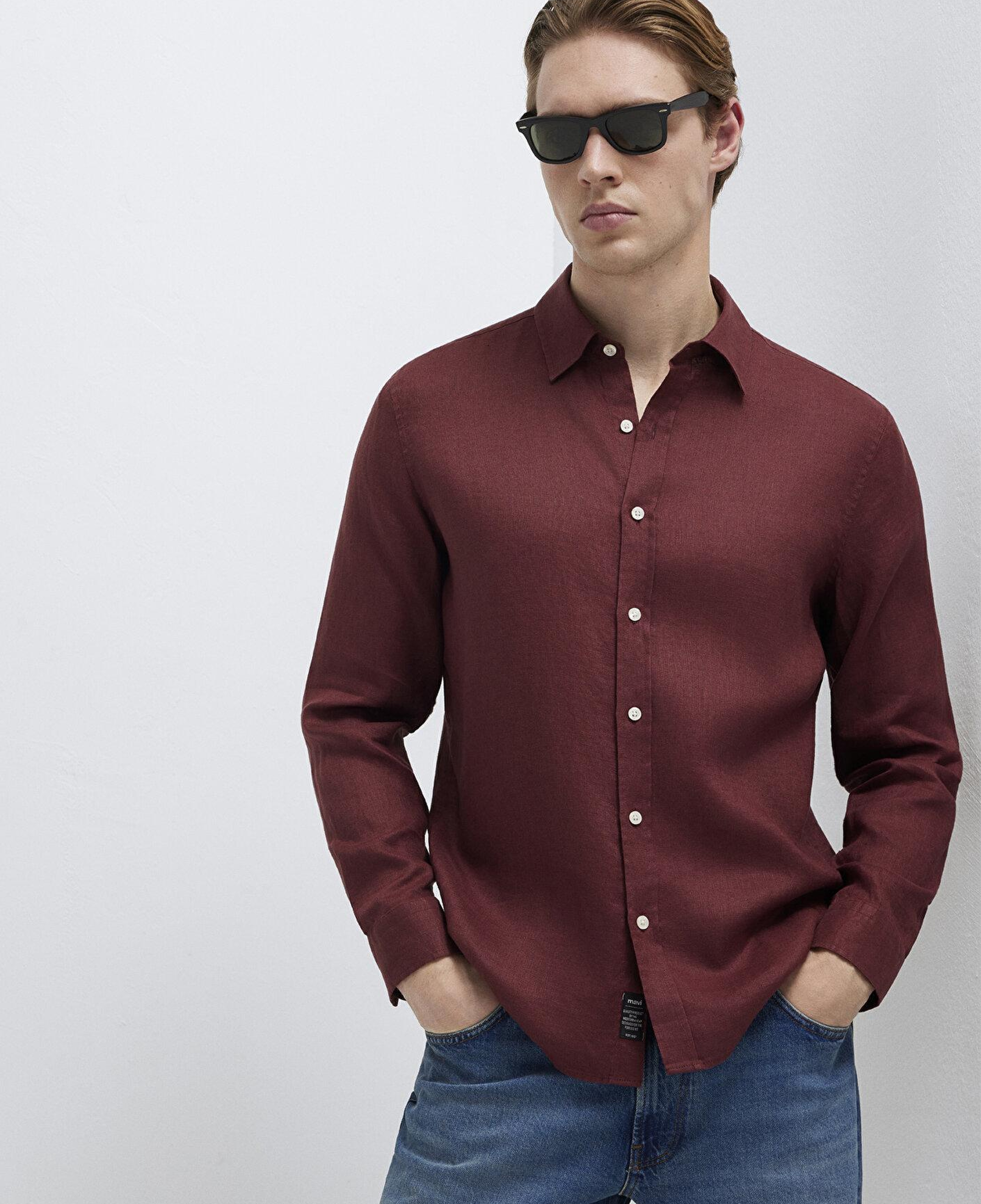 Mavi Bordo Keten Gömlek Slim Fit / Dar Kesim 0211466-70396