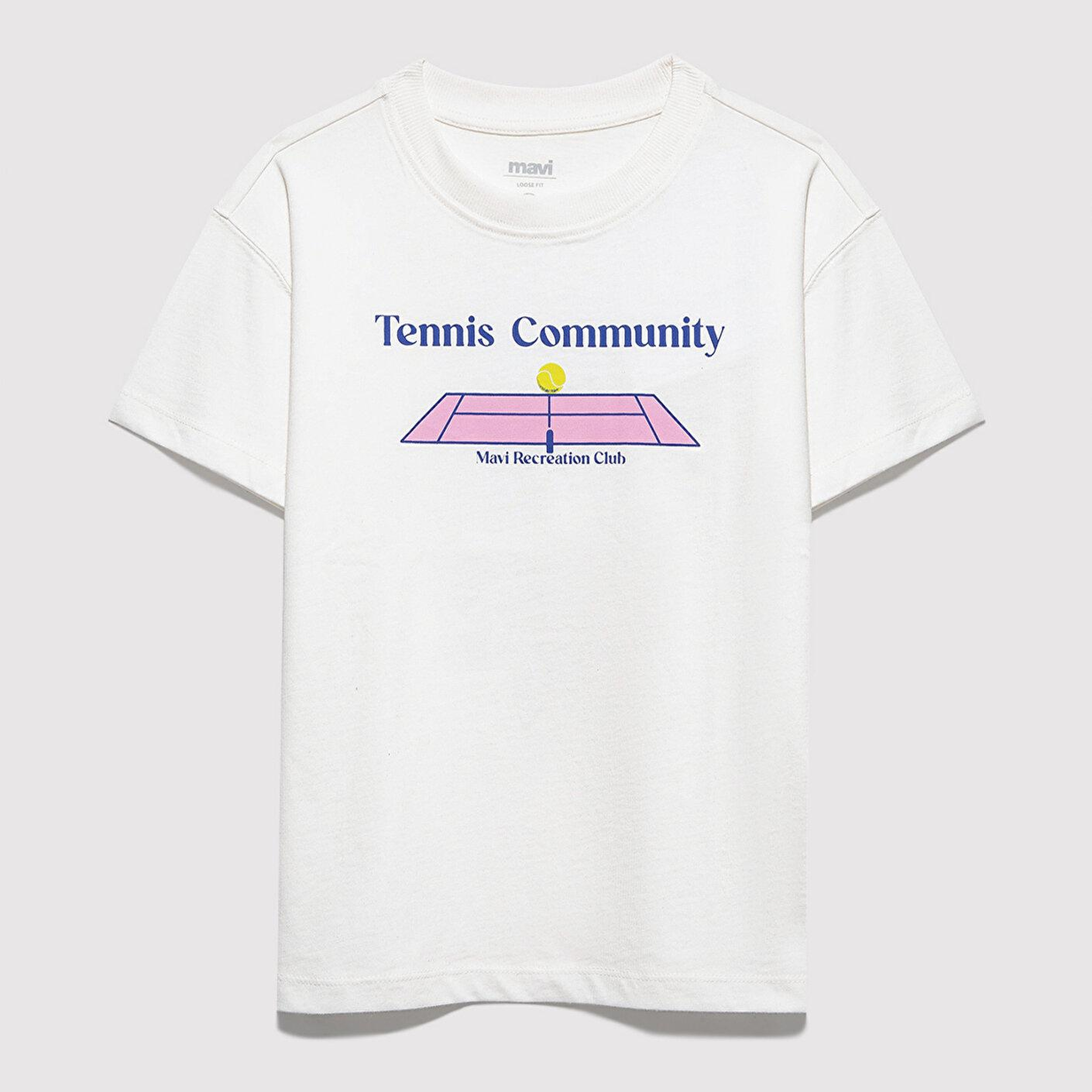 Mavi Tenis Baskılı Ekru Tişört Loose Fit / Bol Rahat Kesim 7610397-70057