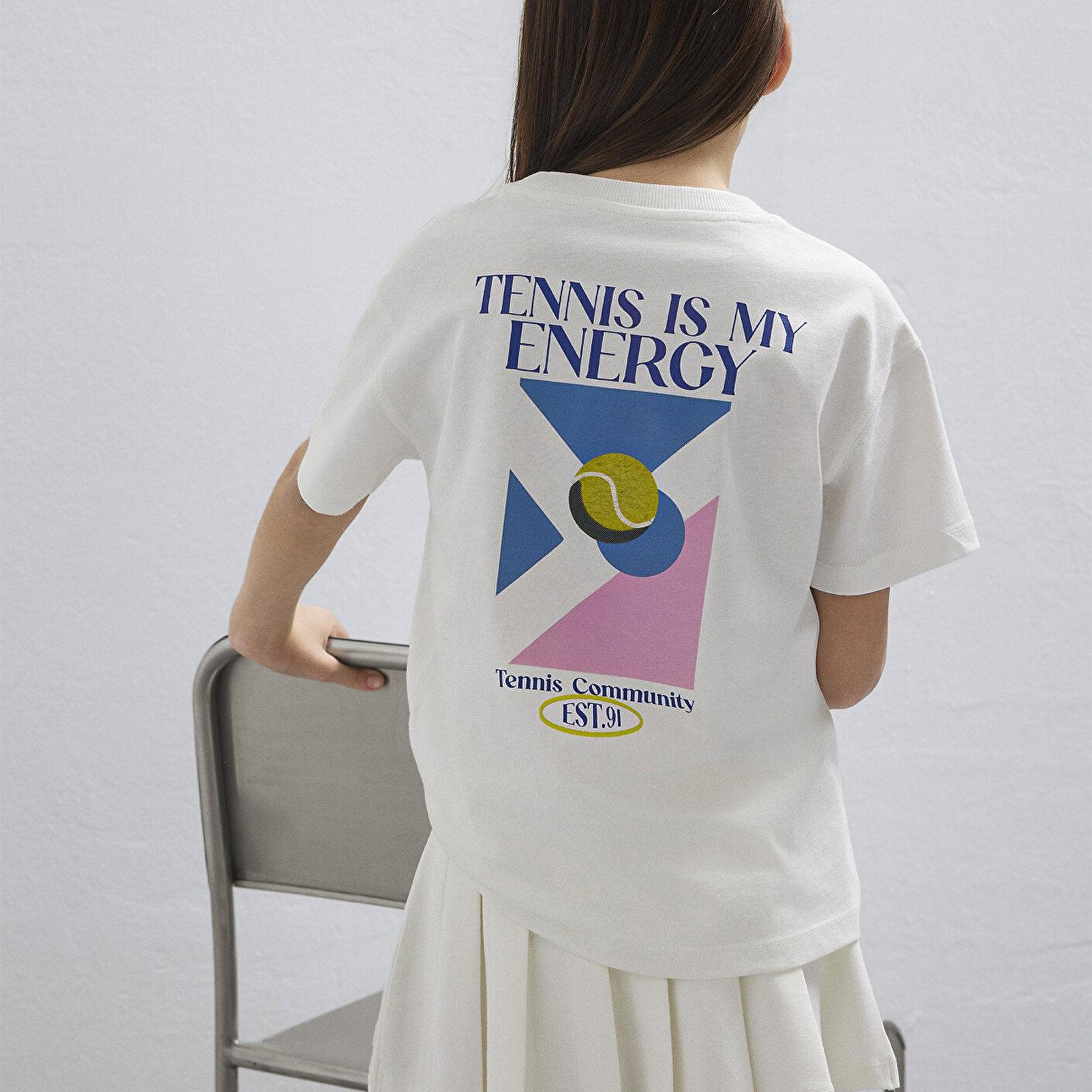 Mavi Tenis Baskılı Ekru Tişört Loose Fit / Bol Rahat Kesim 7610397-70057