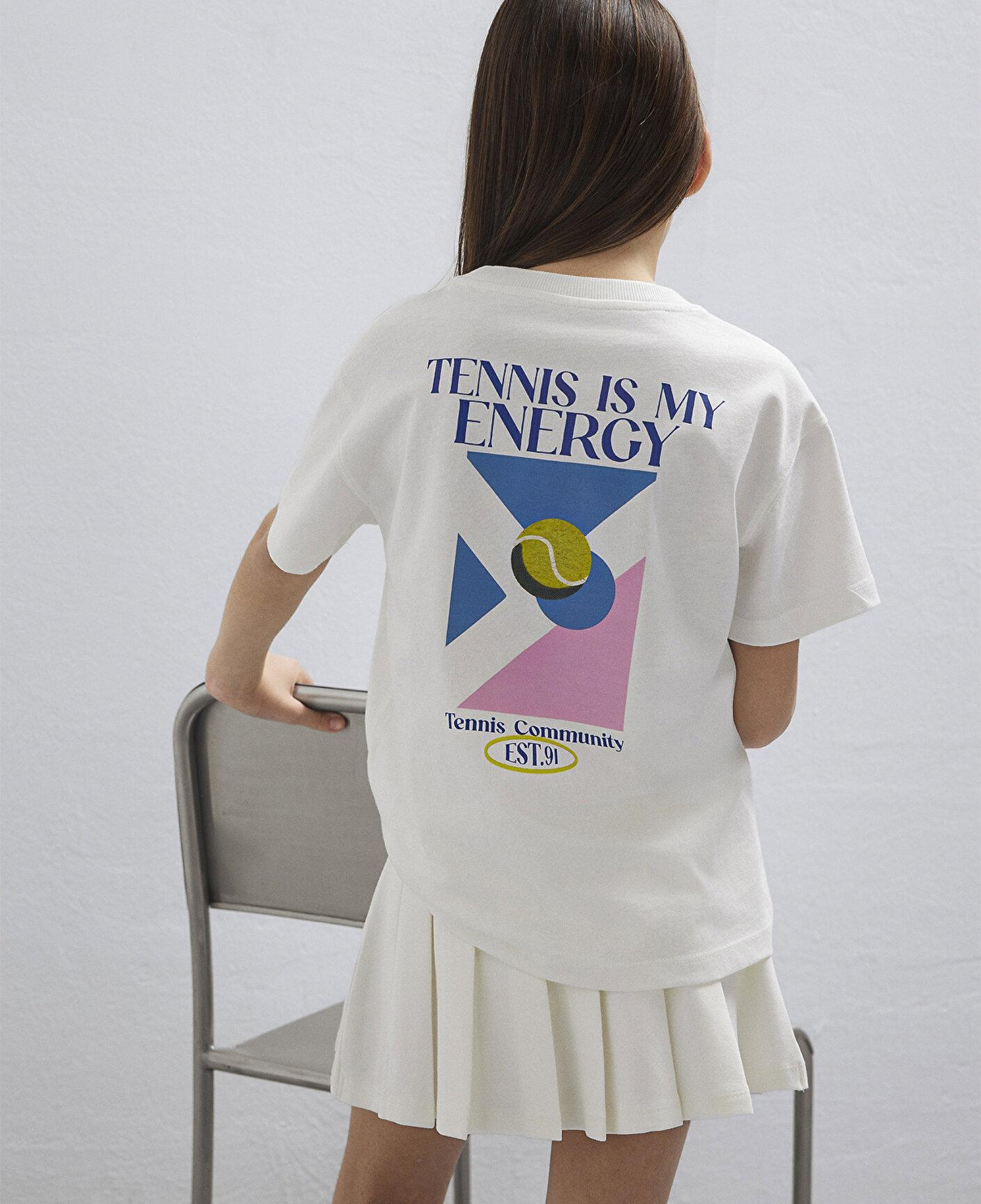 Mavi Tenis Baskılı Ekru Tişört Loose Fit / Bol Rahat Kesim 7610397-70057