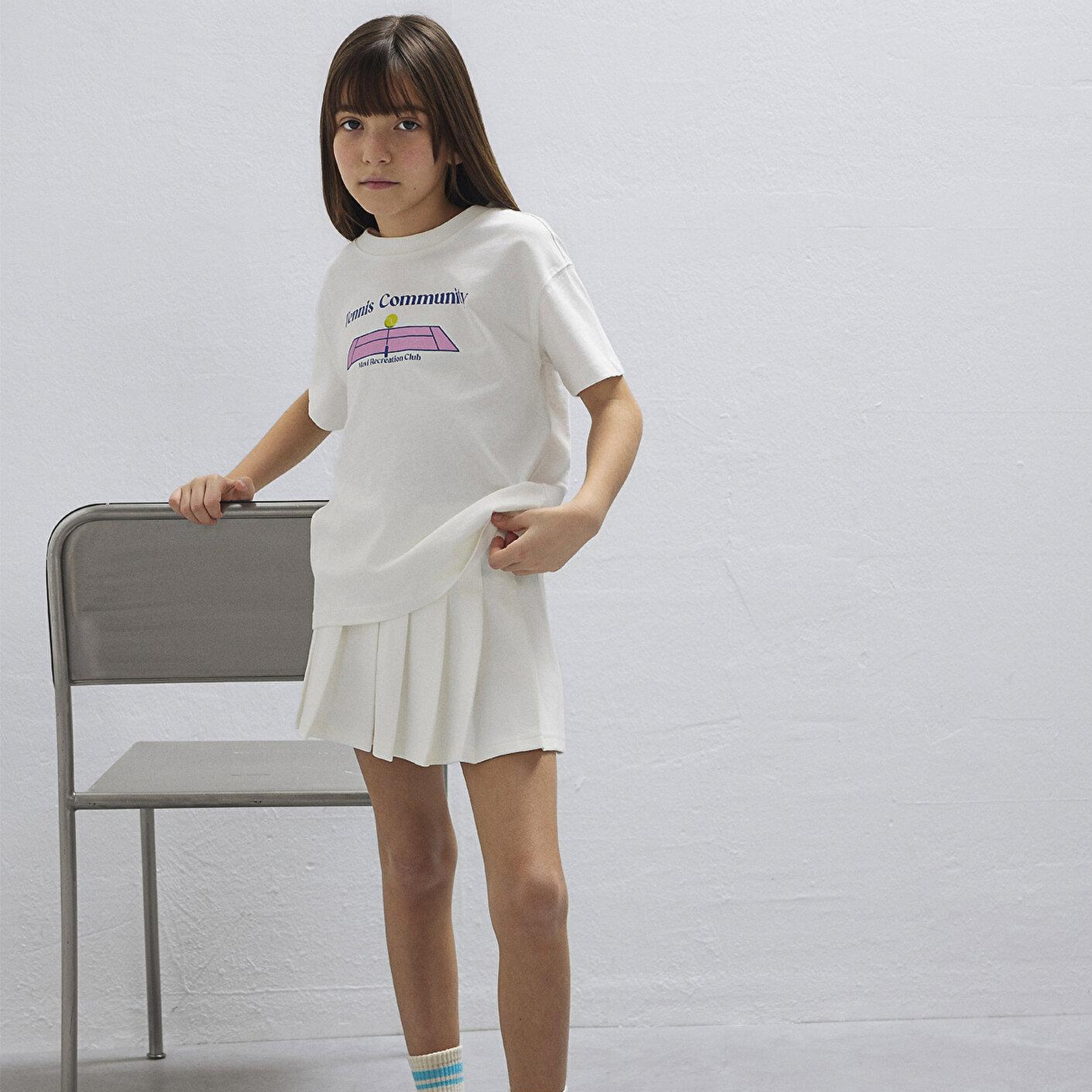 Mavi Tenis Baskılı Ekru Tişört Loose Fit / Bol Rahat Kesim 7610397-70057