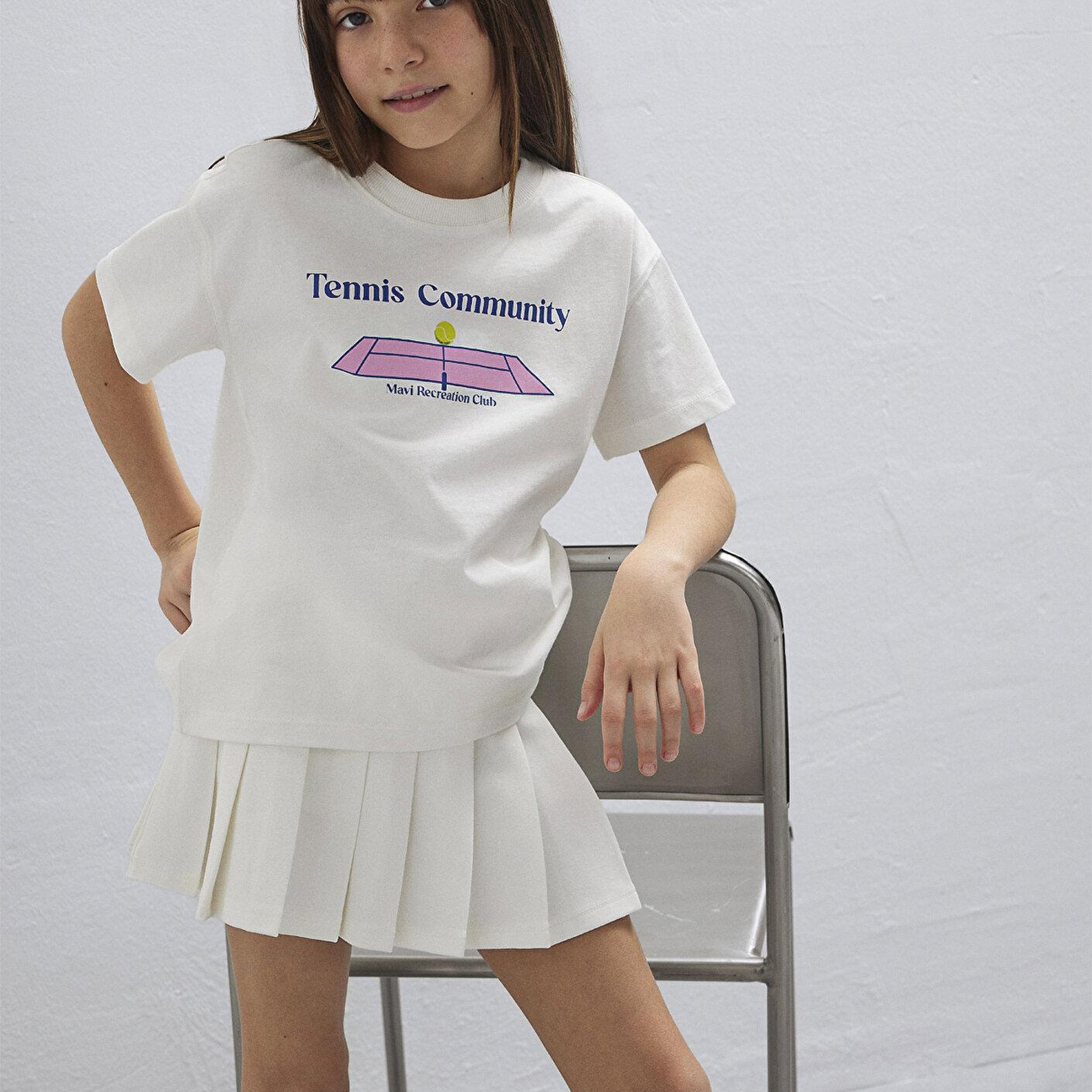 Mavi Tenis Baskılı Ekru Tişört Loose Fit / Bol Rahat Kesim 7610397-70057