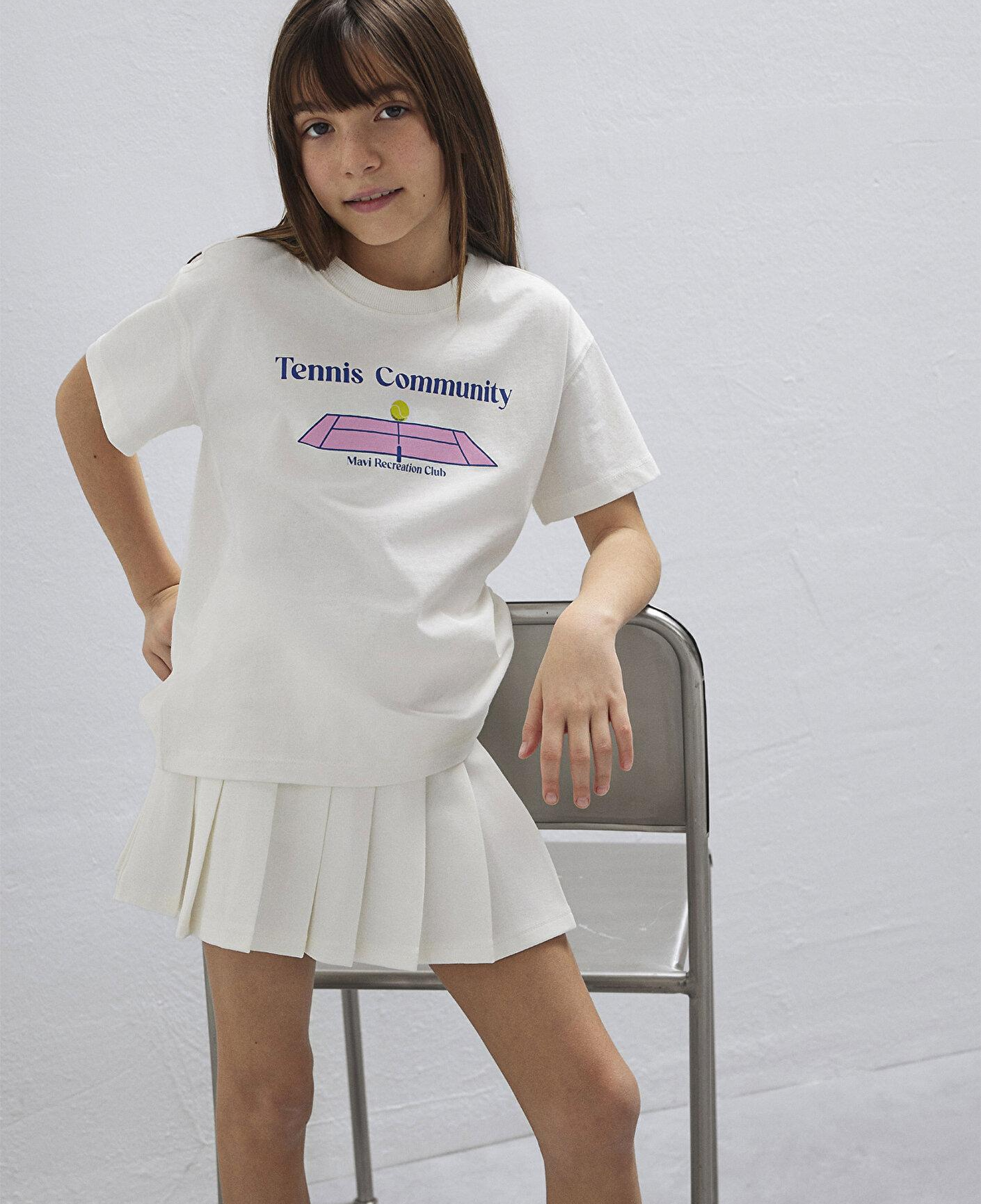 Mavi Tenis Baskılı Ekru Tişört Loose Fit / Bol Rahat Kesim 7610397-70057