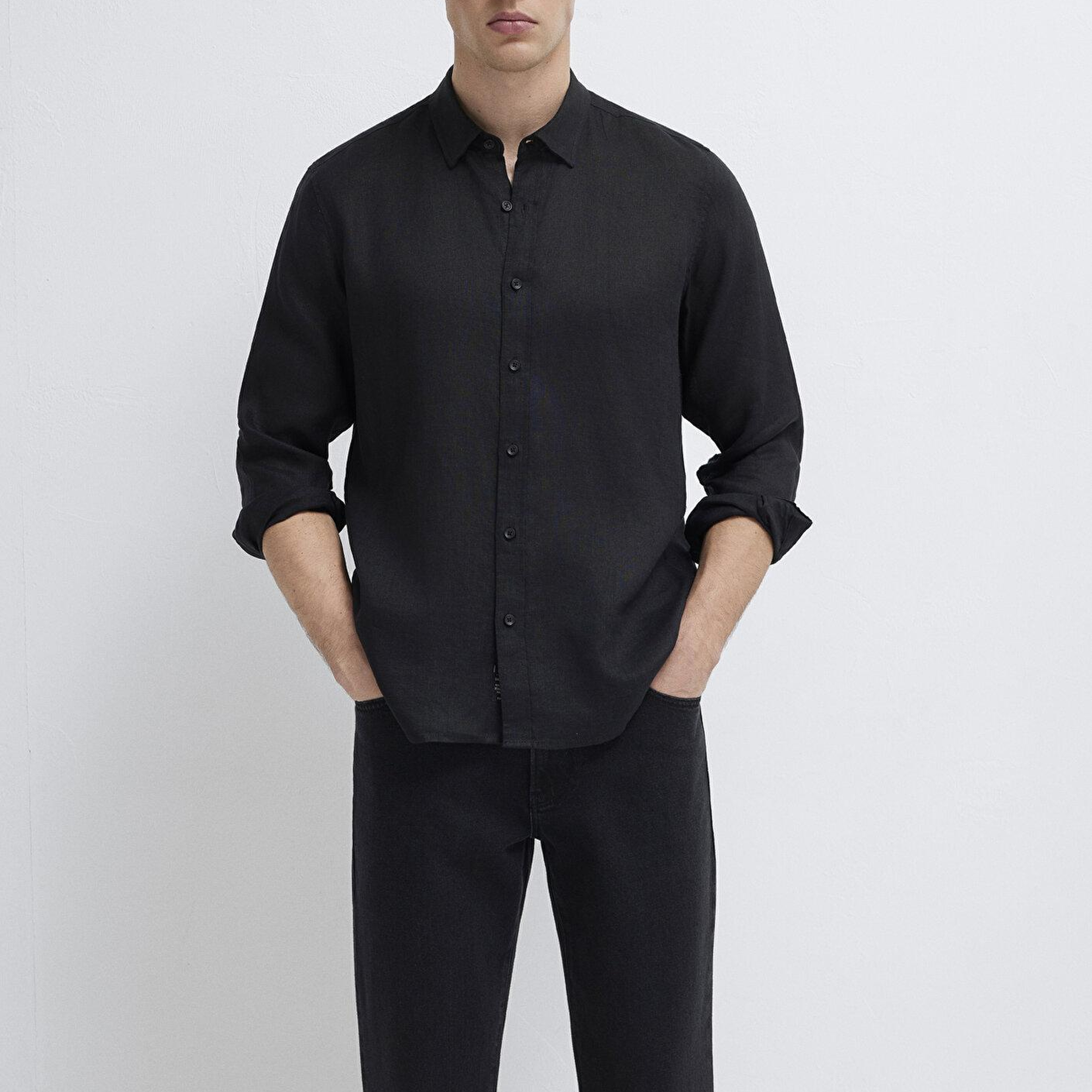 Mavi Keten Karışımlı Siyah Gömlek Regular Fit / Normal Kesim 0211909-900