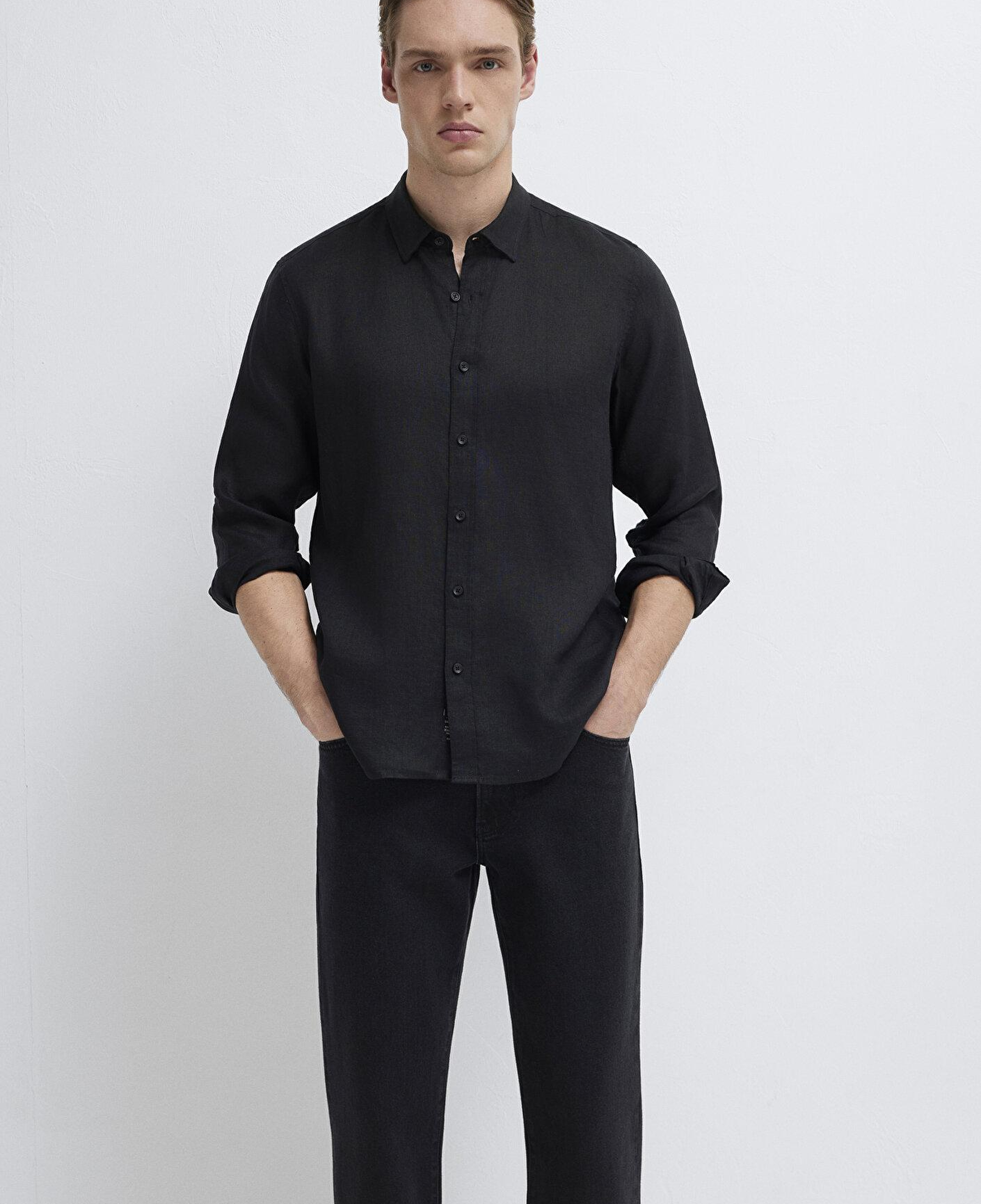 Mavi Keten Karışımlı Siyah Gömlek Regular Fit / Normal Kesim 0211909-900