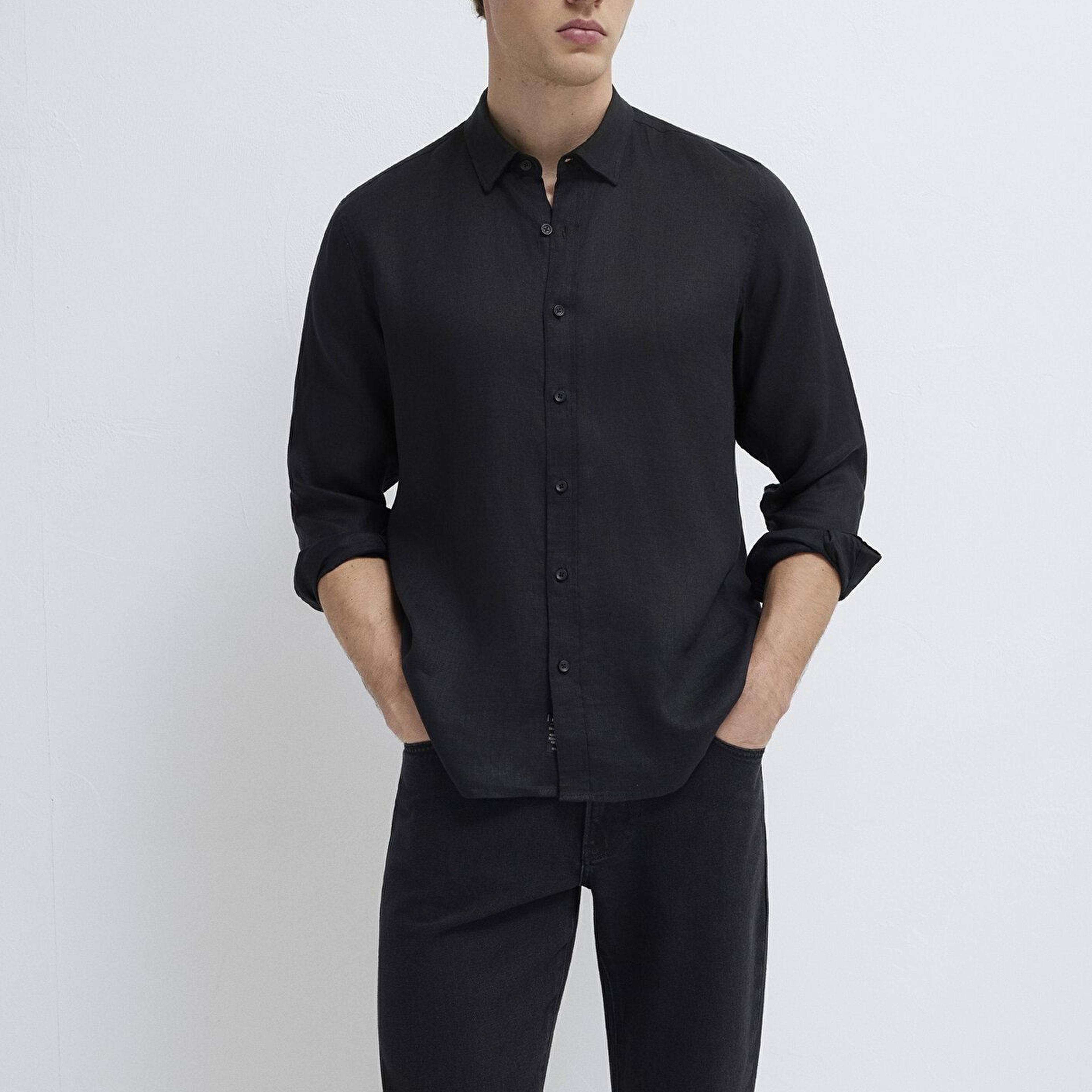 Mavi Keten Karışımlı Siyah Gömlek Regular Fit / Normal Kesim 0211909-900