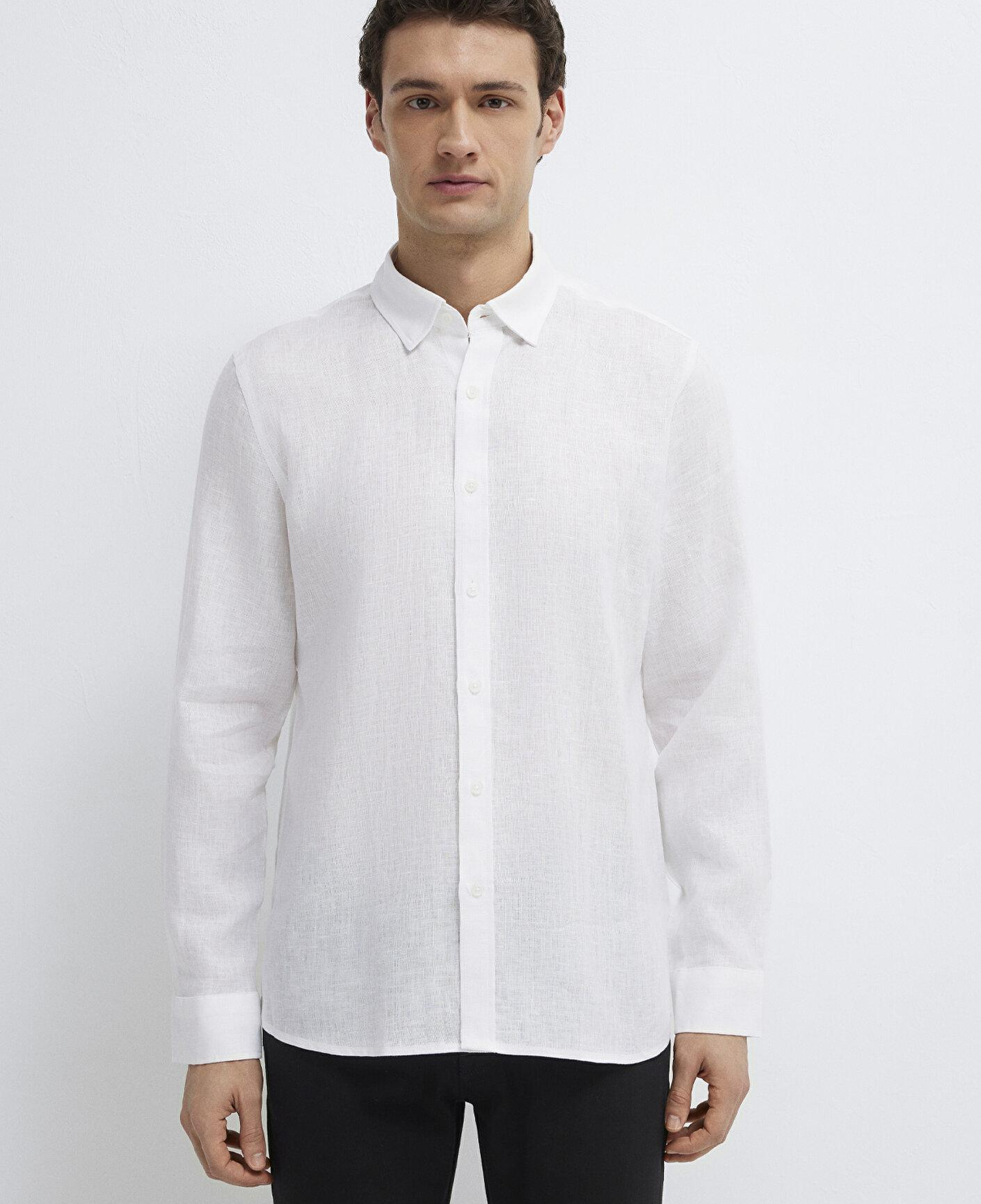 Mavi Keten Karışımlı Beyaz Gömlek Regular Fit / Normal Kesim 0211909-620