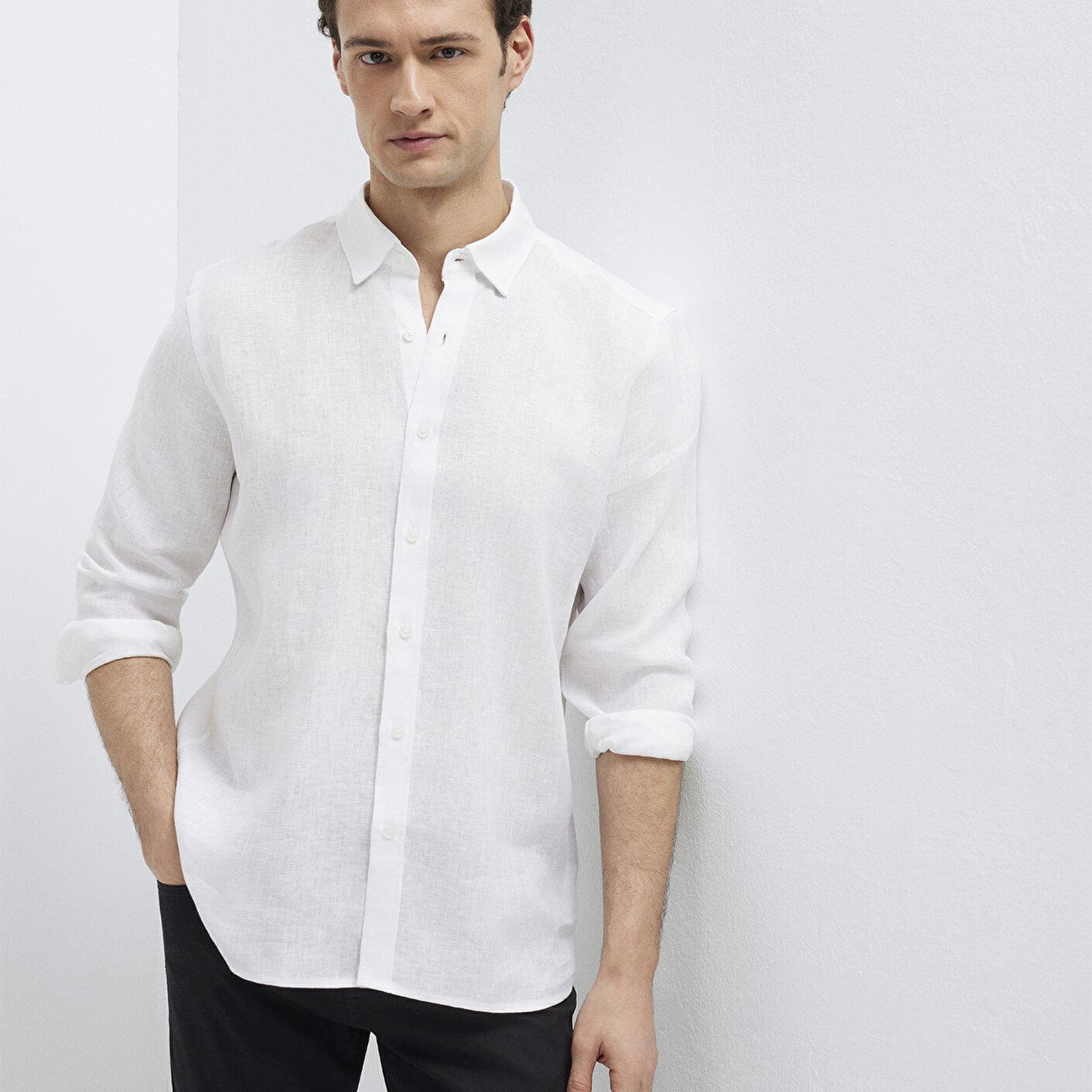 Mavi Keten Karışımlı Beyaz Gömlek Regular Fit / Normal Kesim 0211909-620