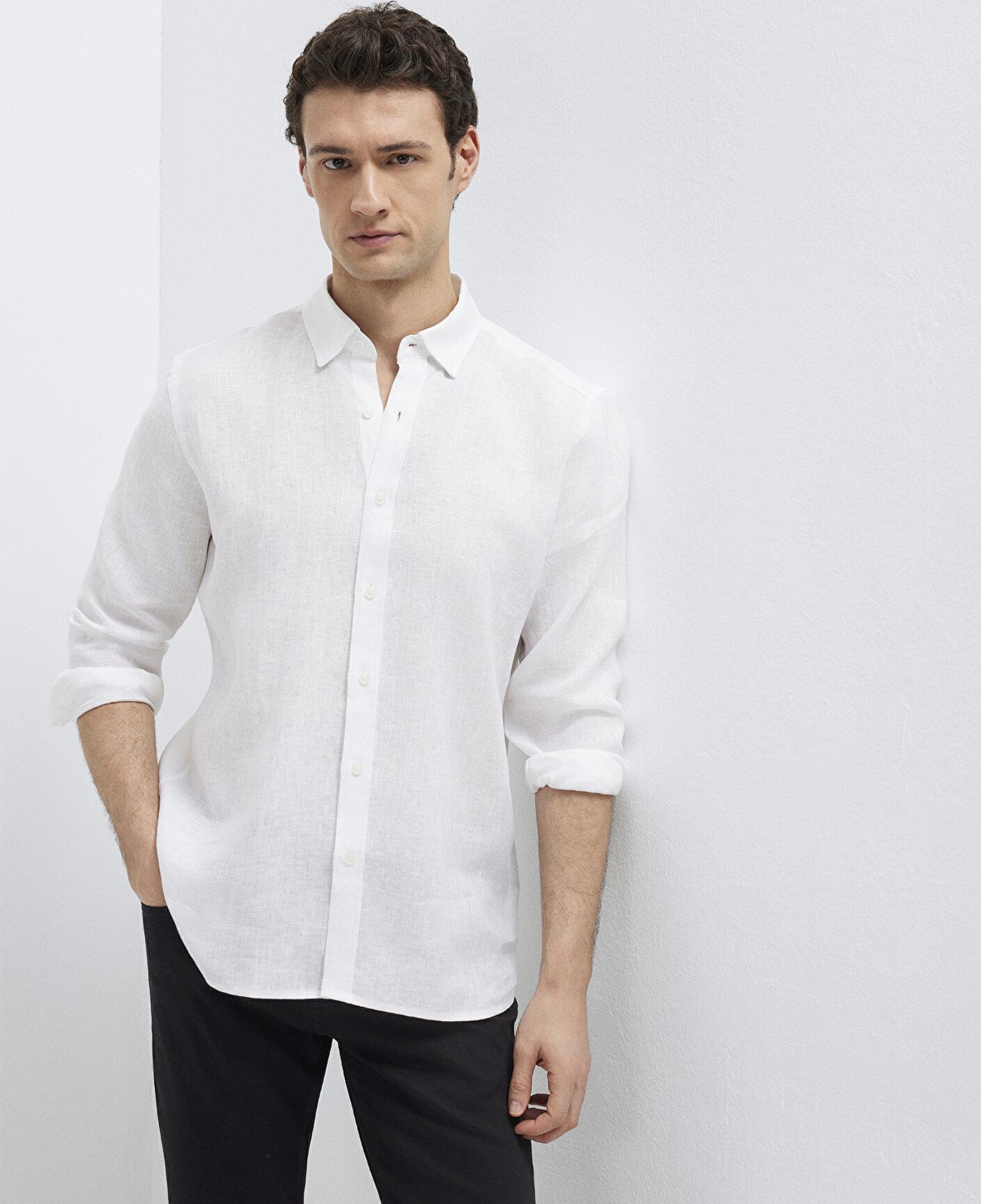 Mavi Keten Karışımlı Beyaz Gömlek Regular Fit / Normal Kesim 0211909-620