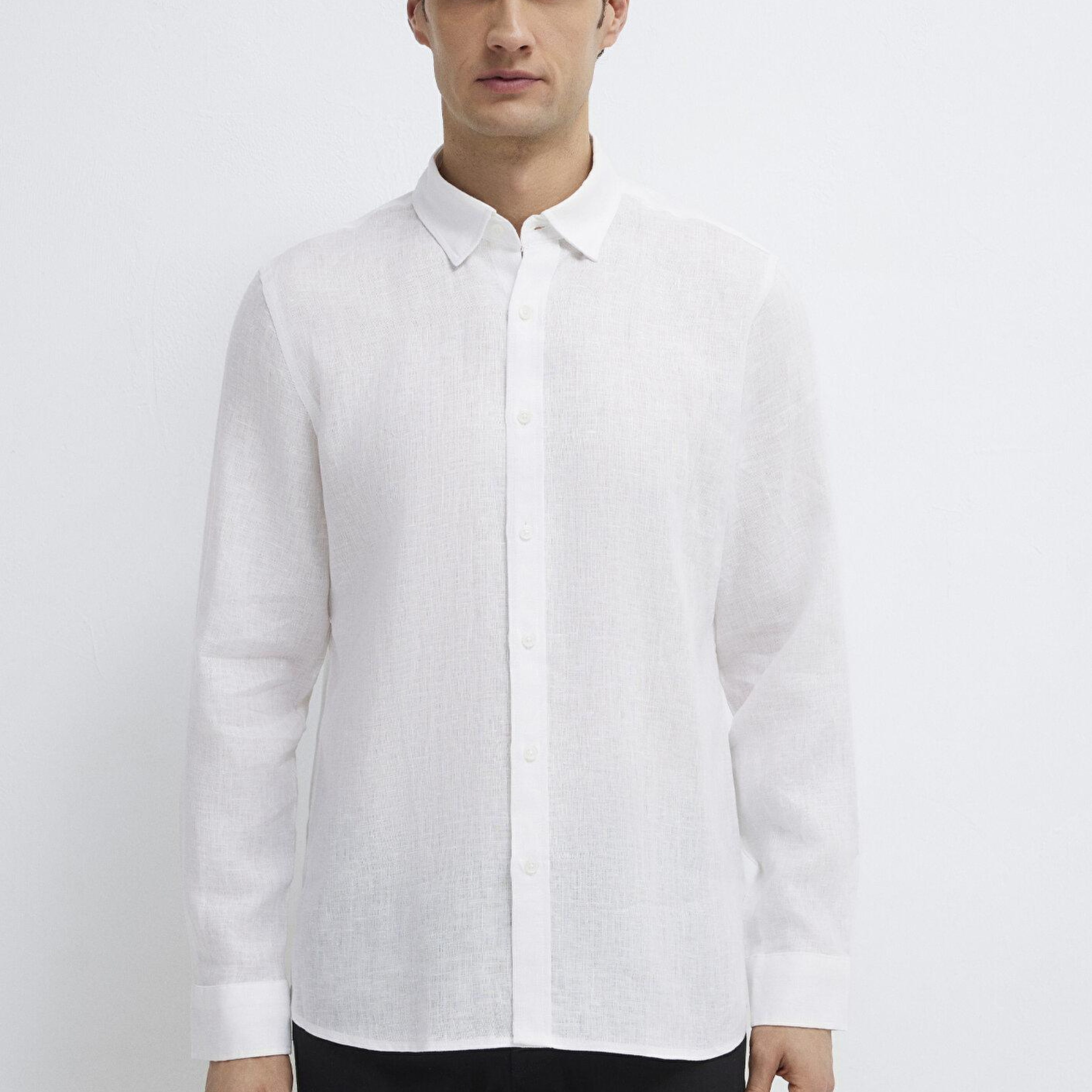 Mavi Keten Karışımlı Beyaz Gömlek Regular Fit / Normal Kesim 0211909-620