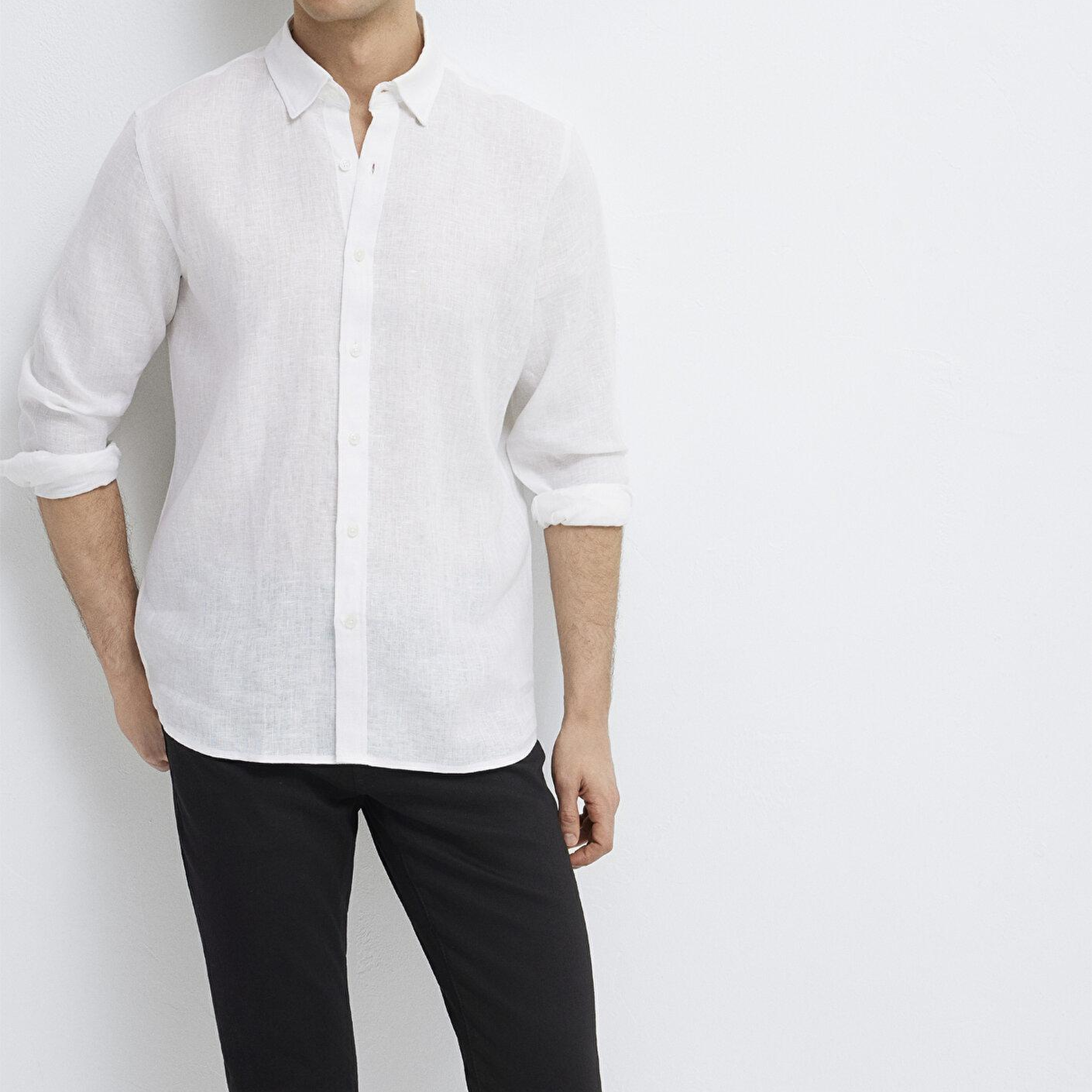 Mavi Keten Karışımlı Beyaz Gömlek Regular Fit / Normal Kesim 0211909-620