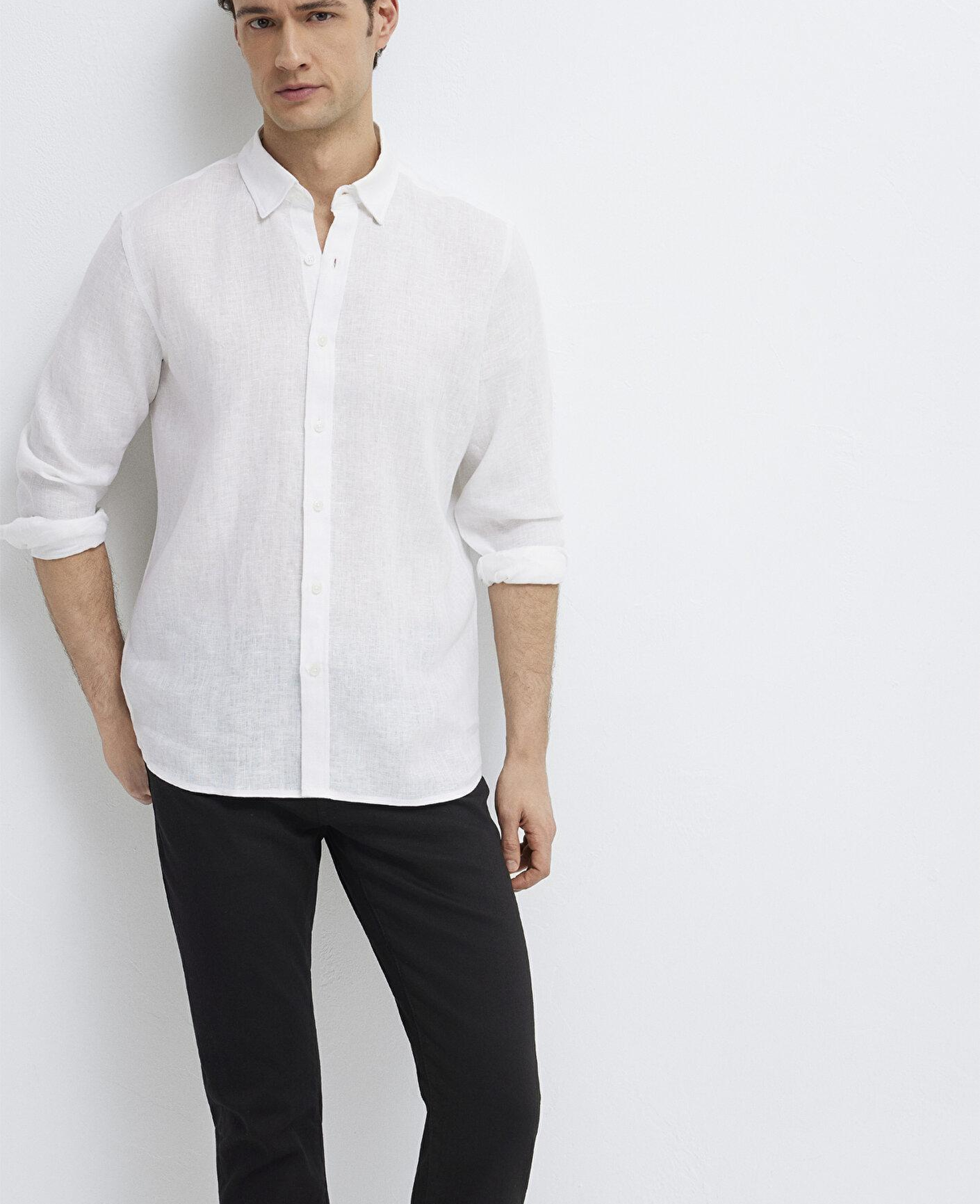 Mavi Keten Karışımlı Beyaz Gömlek Regular Fit / Normal Kesim 0211909-620