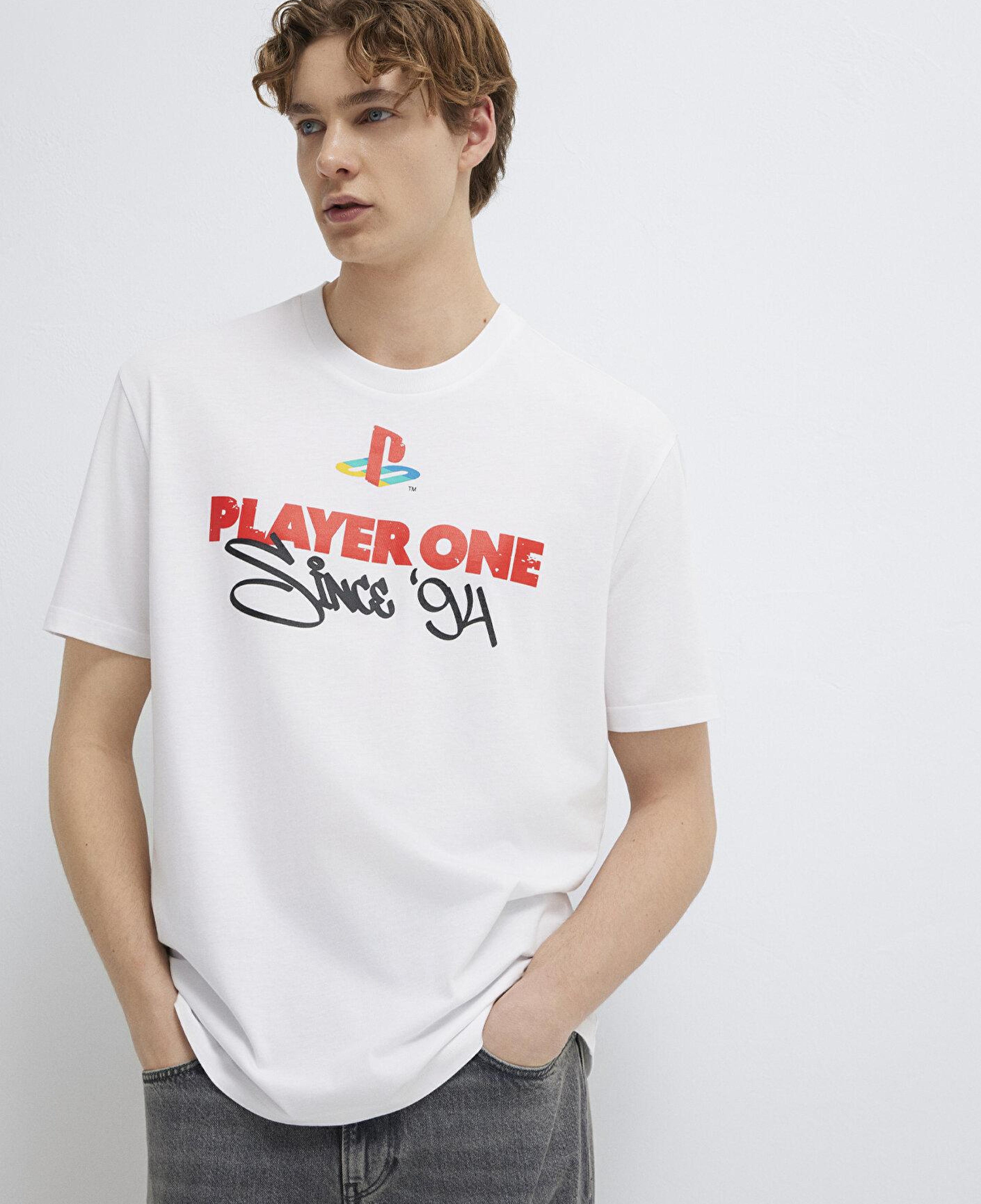 Mavi Player One Baskılı Beyaz Tişört Loose Fit / Bol Rahat Kesim 0613185-620