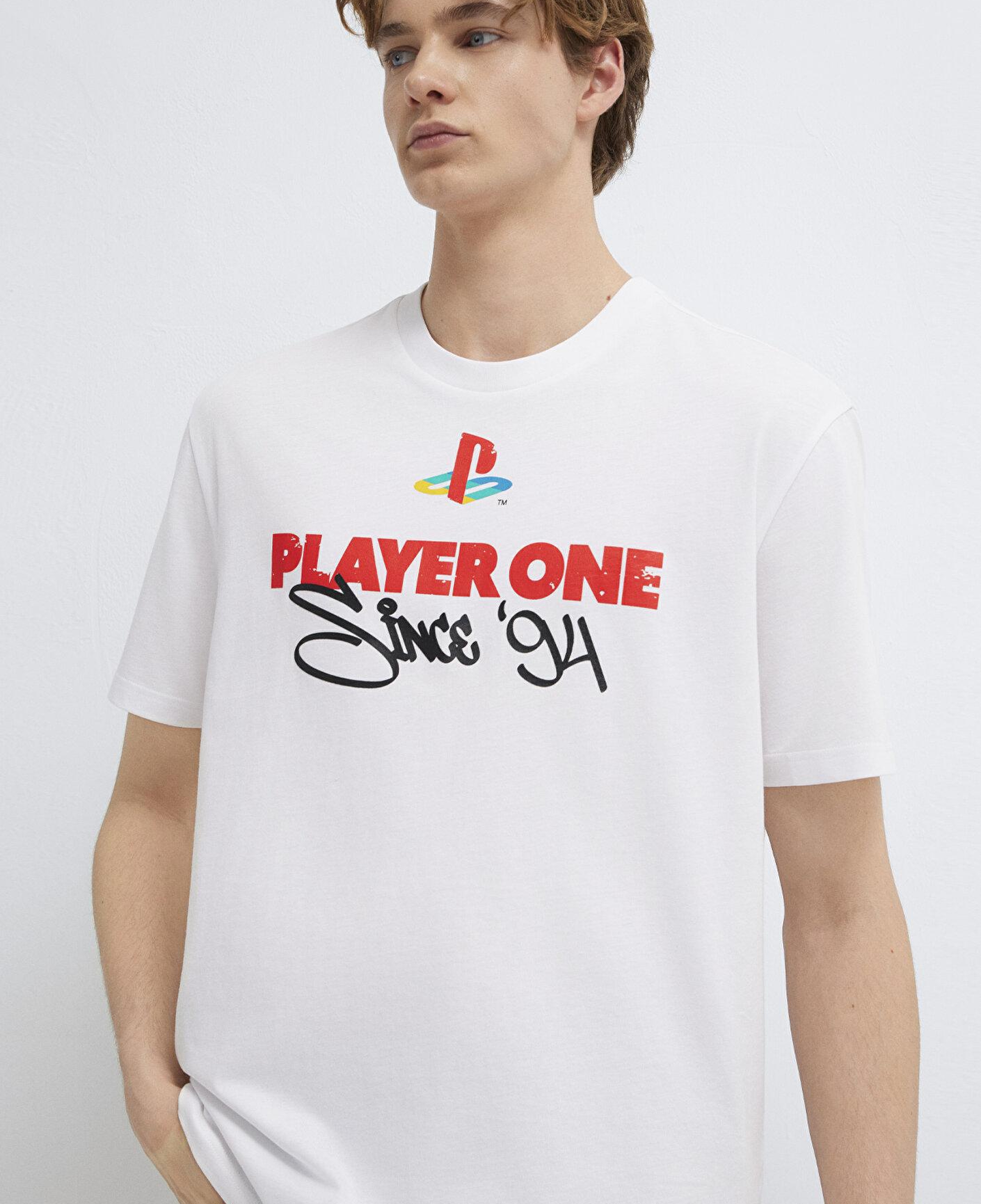 Mavi Player One Baskılı Beyaz Tişört Loose Fit / Bol Rahat Kesim 0613185-620