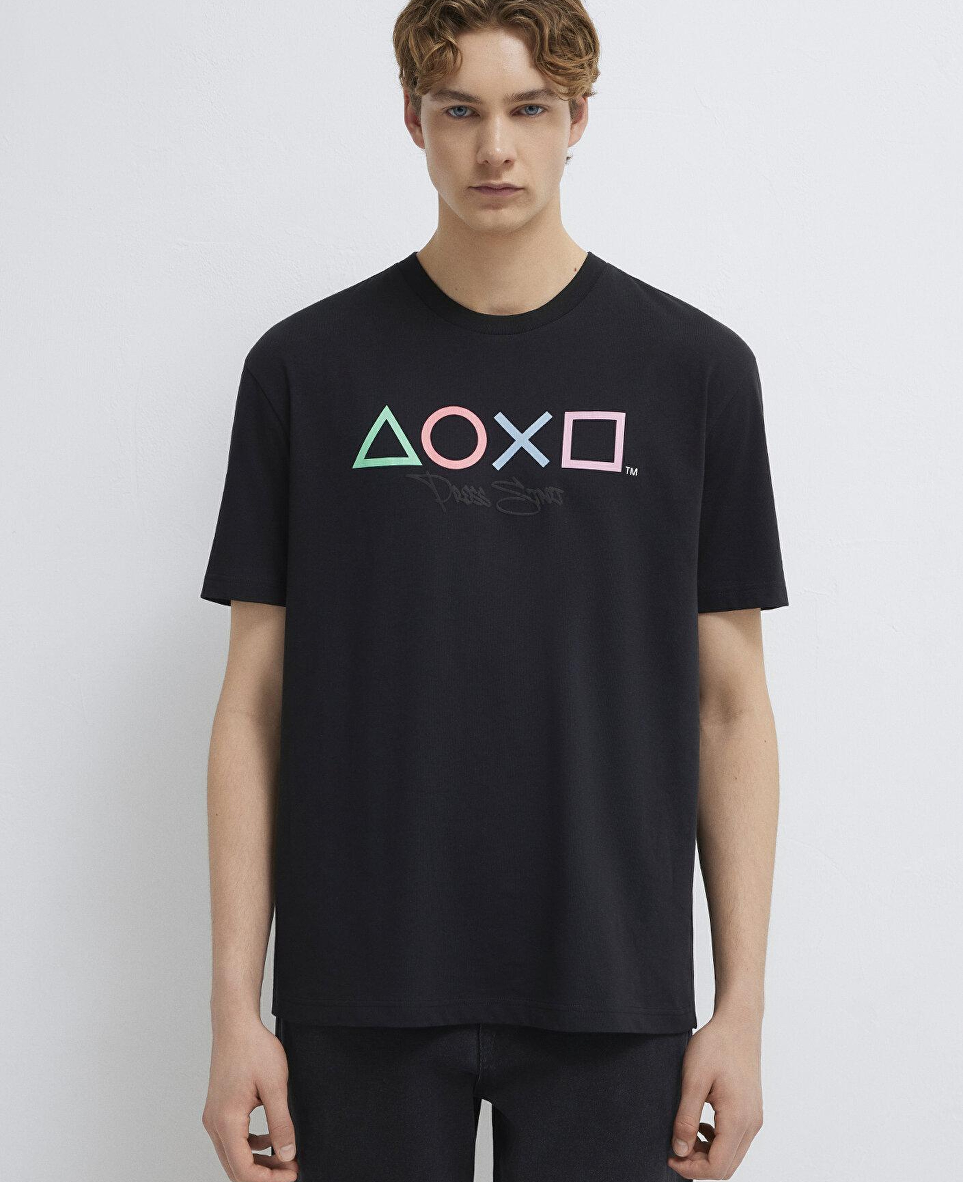 Mavi Baskılı Siyah Tişört Loose Fit / Bol Rahat Kesim 0613187-900