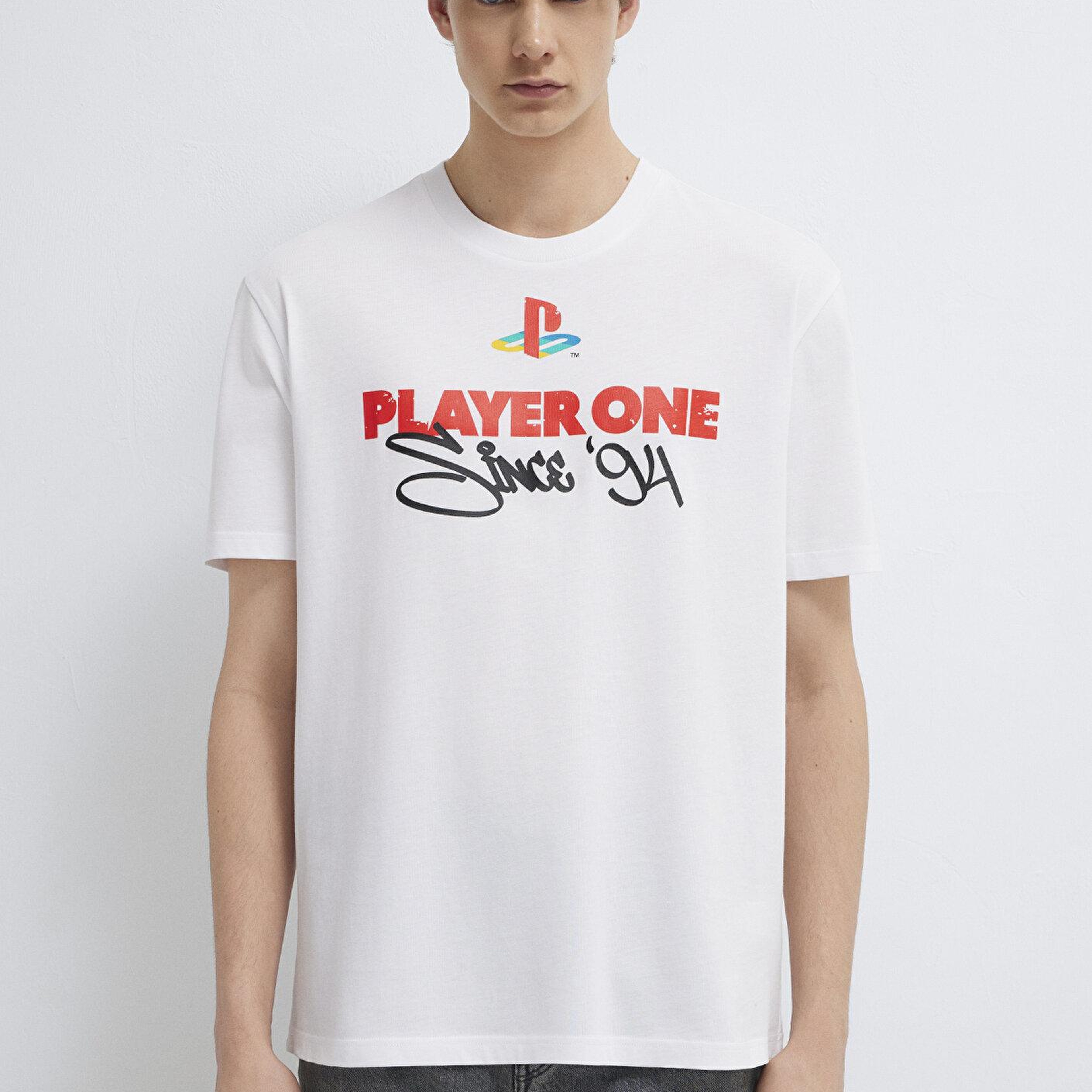 Mavi Player One Baskılı Beyaz Tişört Loose Fit / Bol Rahat Kesim 0613185-620