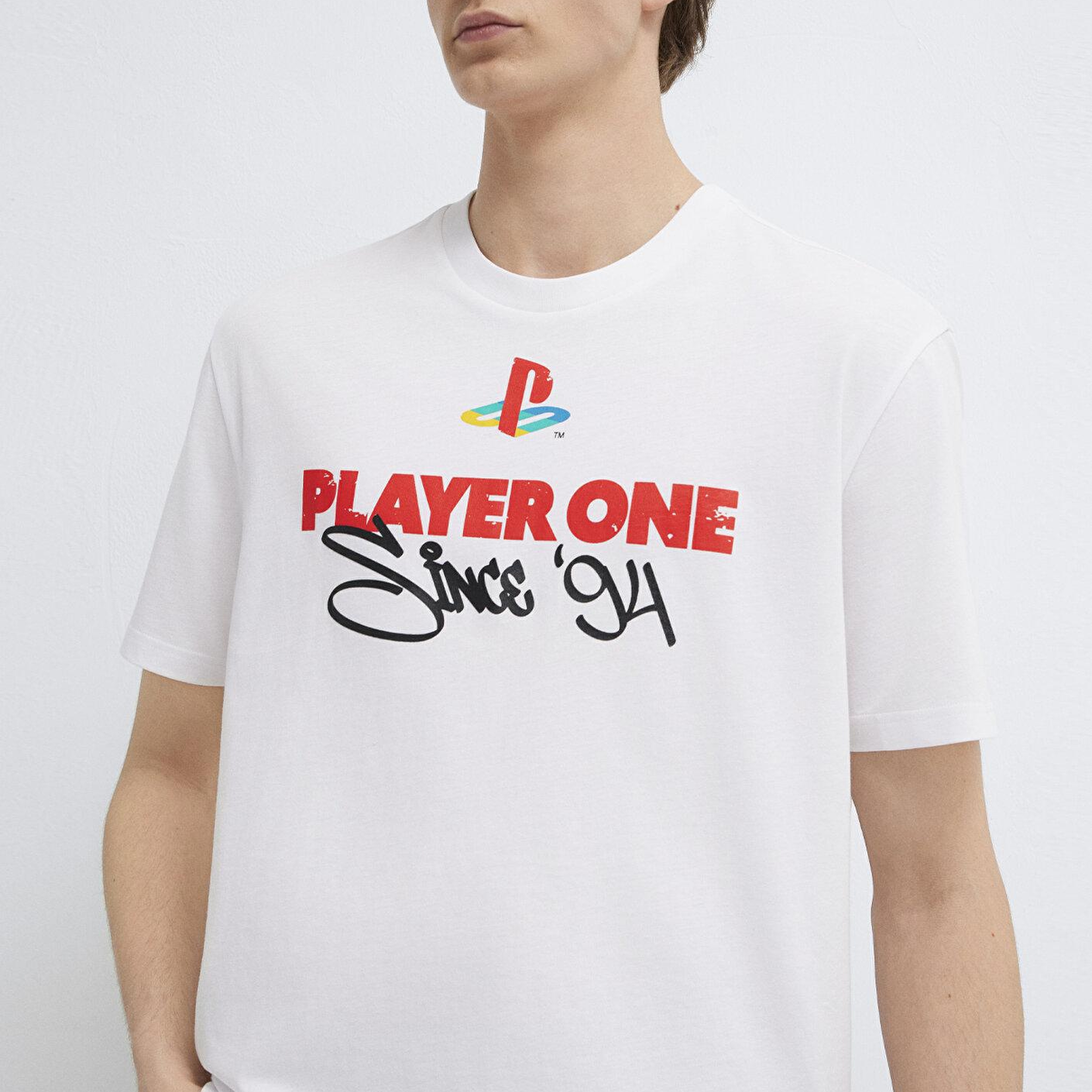 Mavi Player One Baskılı Beyaz Tişört Loose Fit / Bol Rahat Kesim 0613185-620