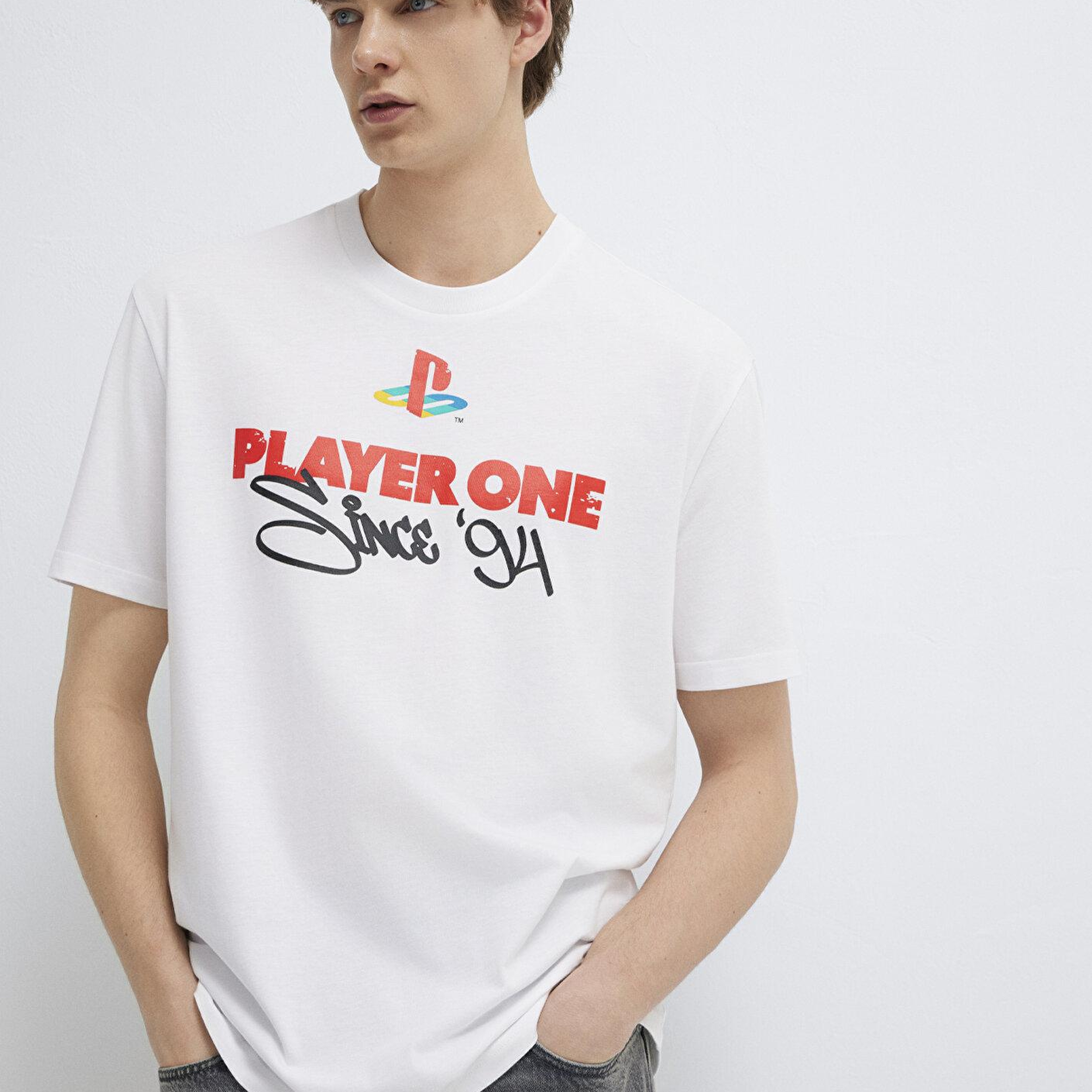 Mavi Player One Baskılı Beyaz Tişört Loose Fit / Bol Rahat Kesim 0613185-620