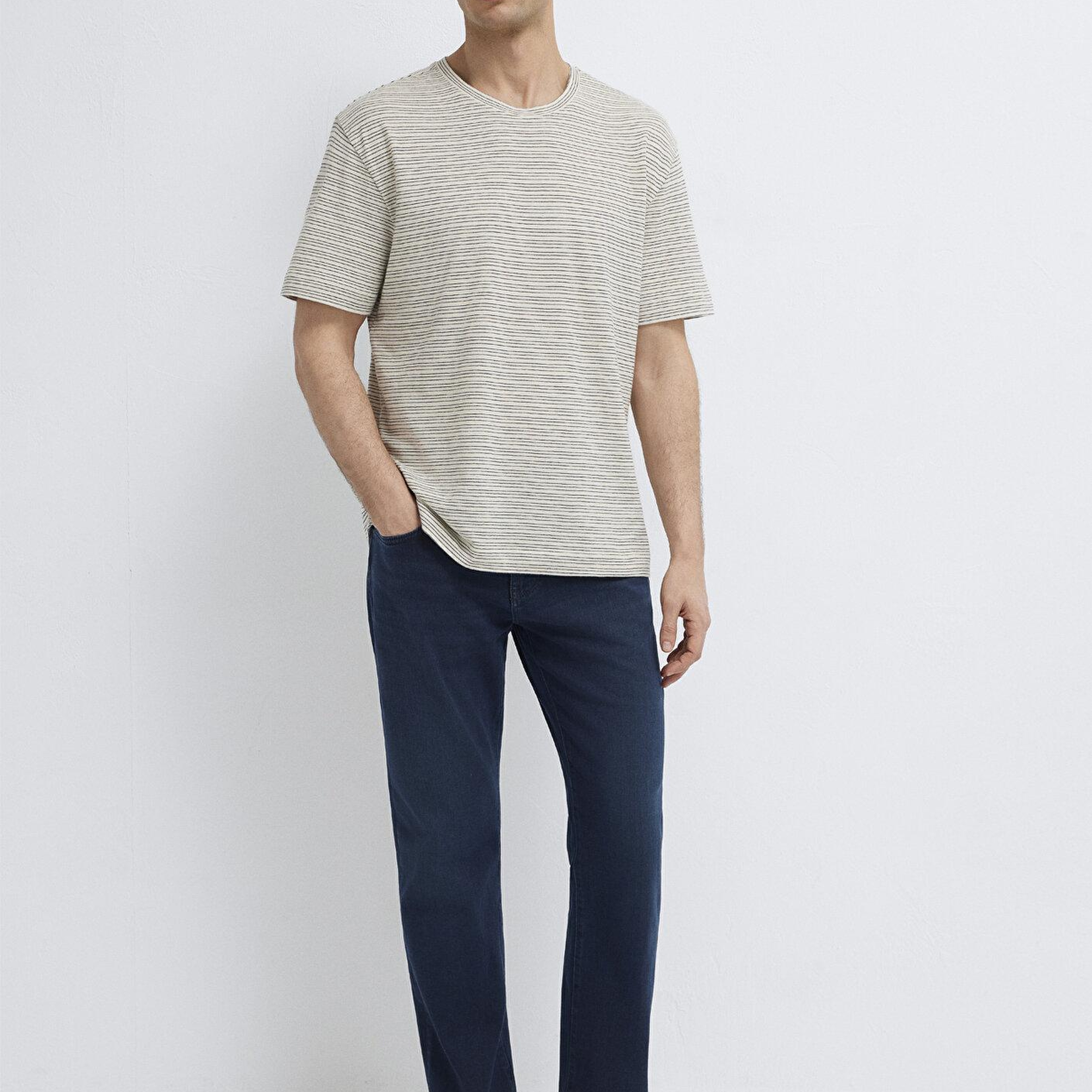 Mavi Lacivert Çizgili Ekru Tişört Loose Fit / Bol Rahat Kesim 0613294-86623