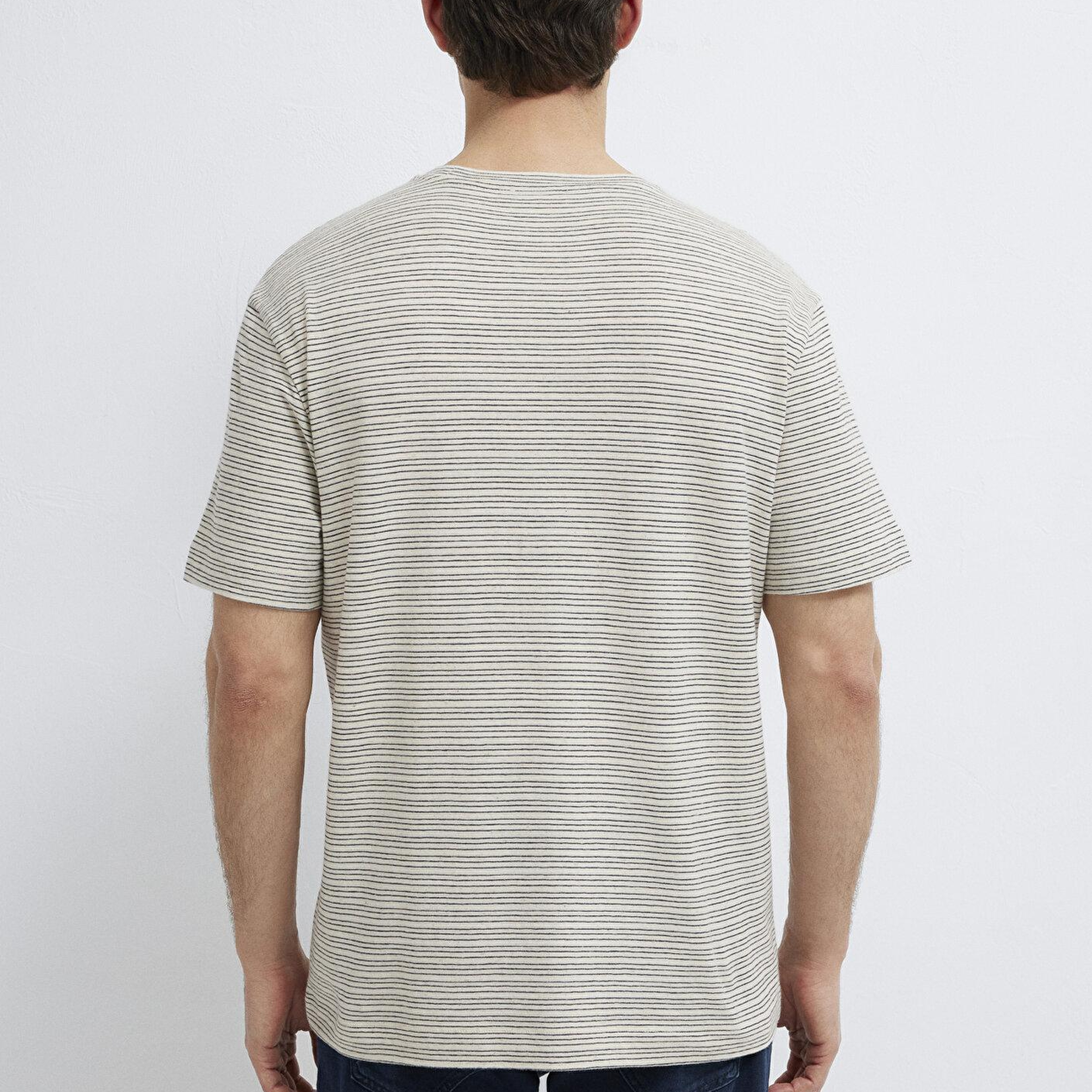 Mavi Lacivert Çizgili Ekru Tişört Loose Fit / Bol Rahat Kesim 0613294-86623