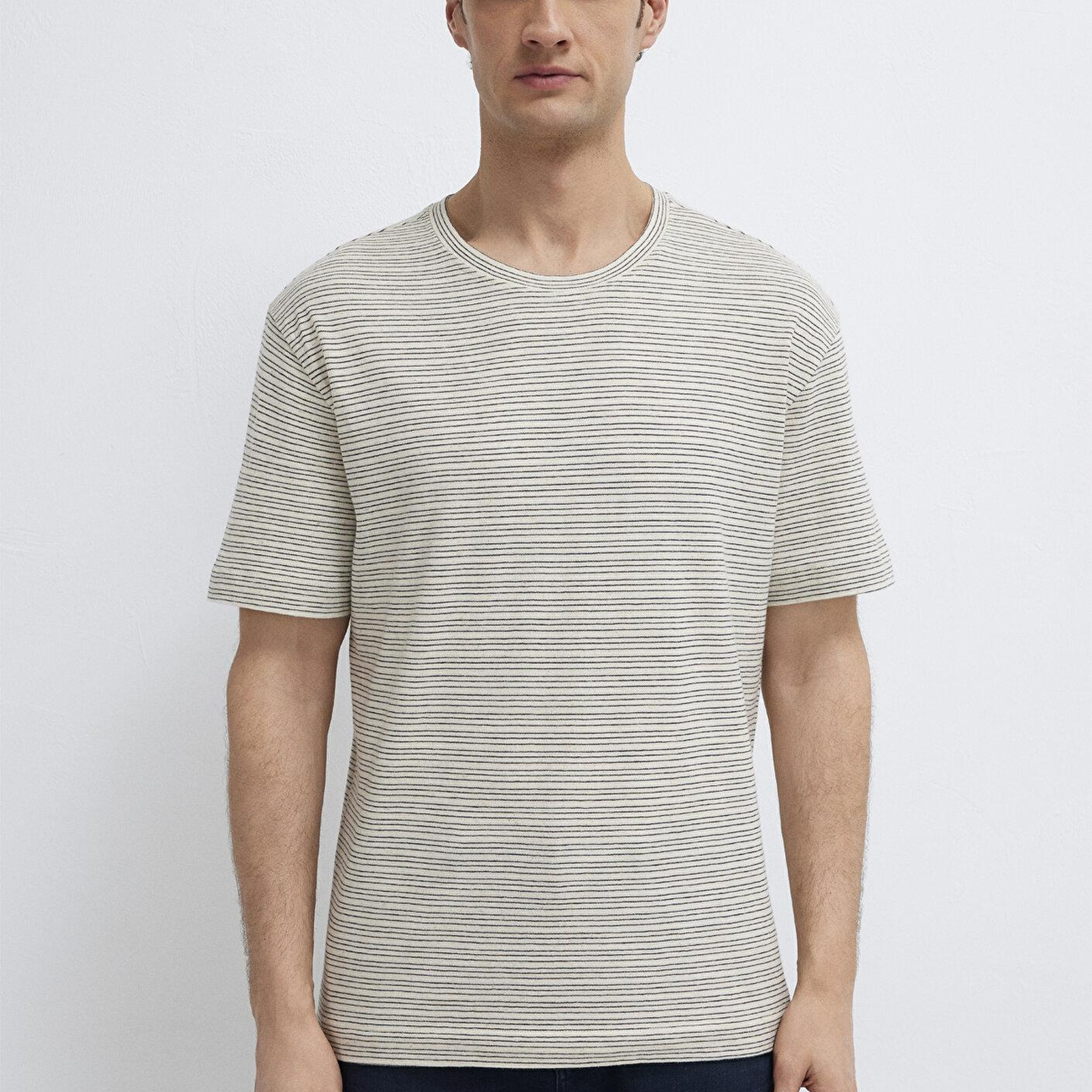 Mavi Lacivert Çizgili Ekru Tişört Loose Fit / Bol Rahat Kesim 0613294-86623