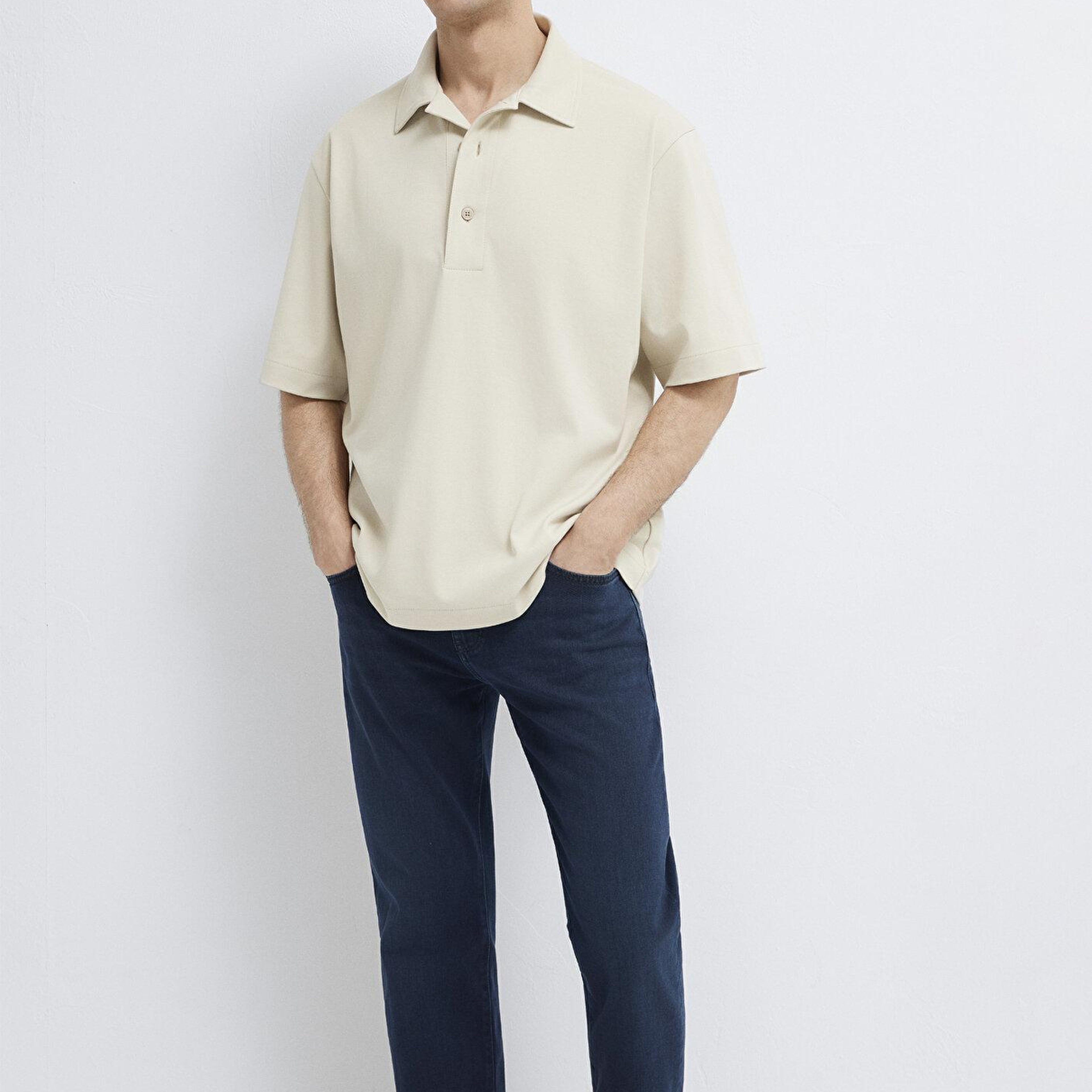 Mavi Gri Polo Tişört Loose Fit / Bol Rahat Kesim 0613344-70144