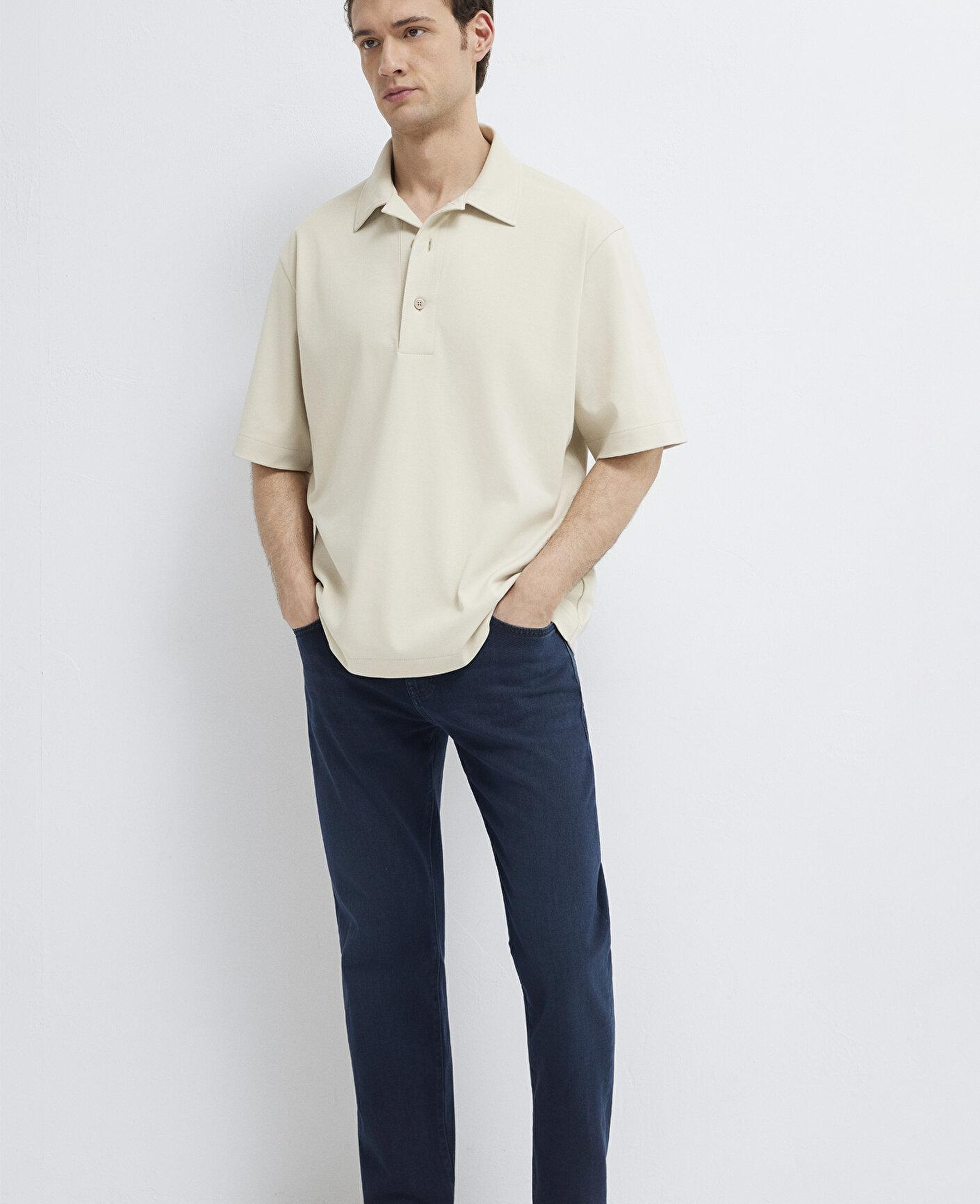 Mavi Gri Polo Tişört Loose Fit / Bol Rahat Kesim 0613344-70144